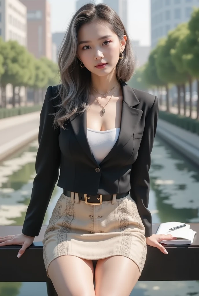Realistic, Realistic, (Highly detailed beautiful face), The jacket is buttoned up, slightly thicker thighs、(Woman posing on a balcony in a skirt and black jacket), Highest quality, Very detailed, finely, High resolution, 8k wallpaper, One beautiful woman,, Light brown messy hair, Wear a business suit,、 Sharp focus, Perfect dynamic composition, finelyて美しい目, Thin Hair, smile, Model body type、Beautiful feet
