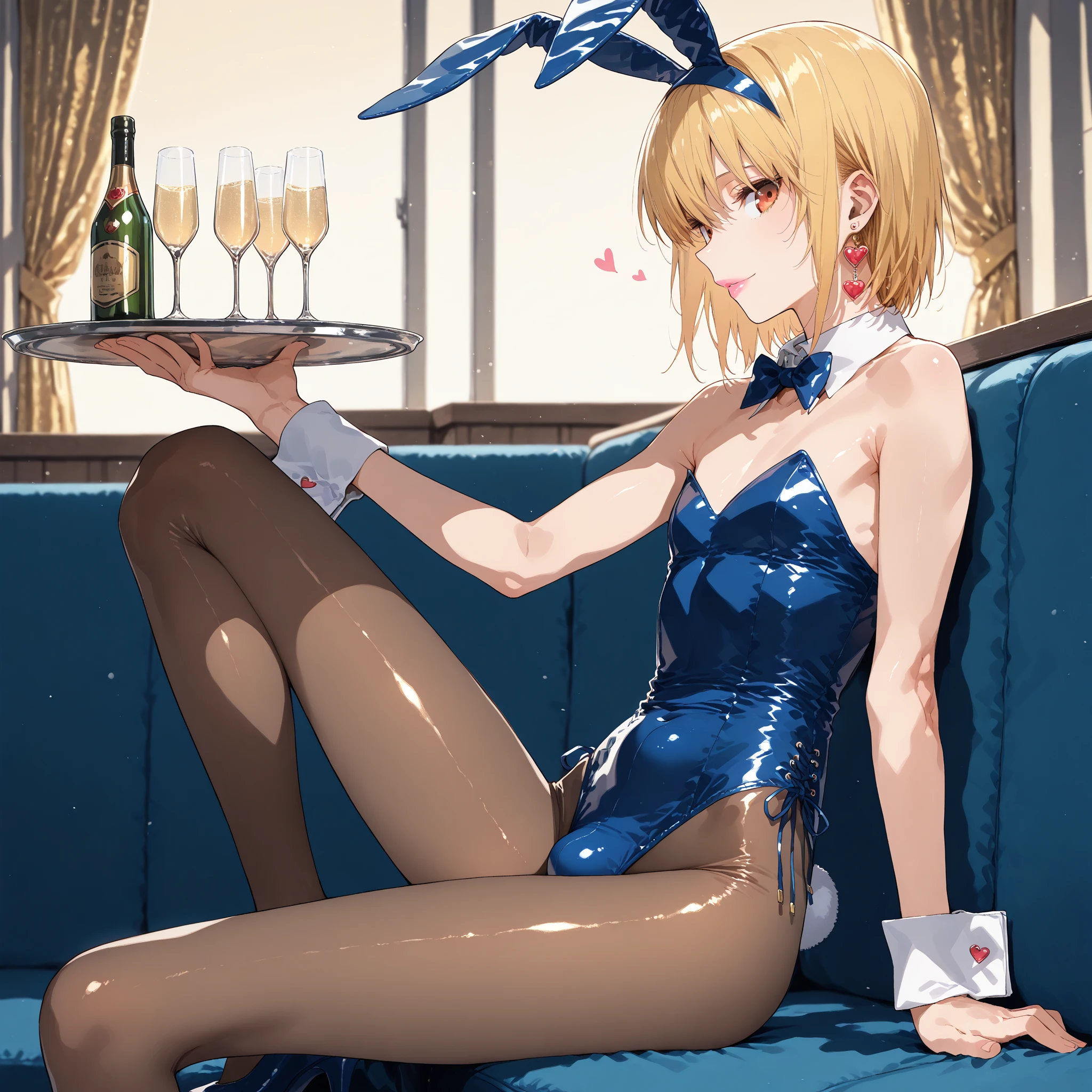 Master masterpiece, top-quality, High Definition, , Lucy Heartphilia, blonde  hair, length hair, large full breasts, Smile with open mouth, Solo、(((a playboy bunny:1.3))),is standing、rabbitears、Black pantyhose, bow ribbon, a bow tie、casino