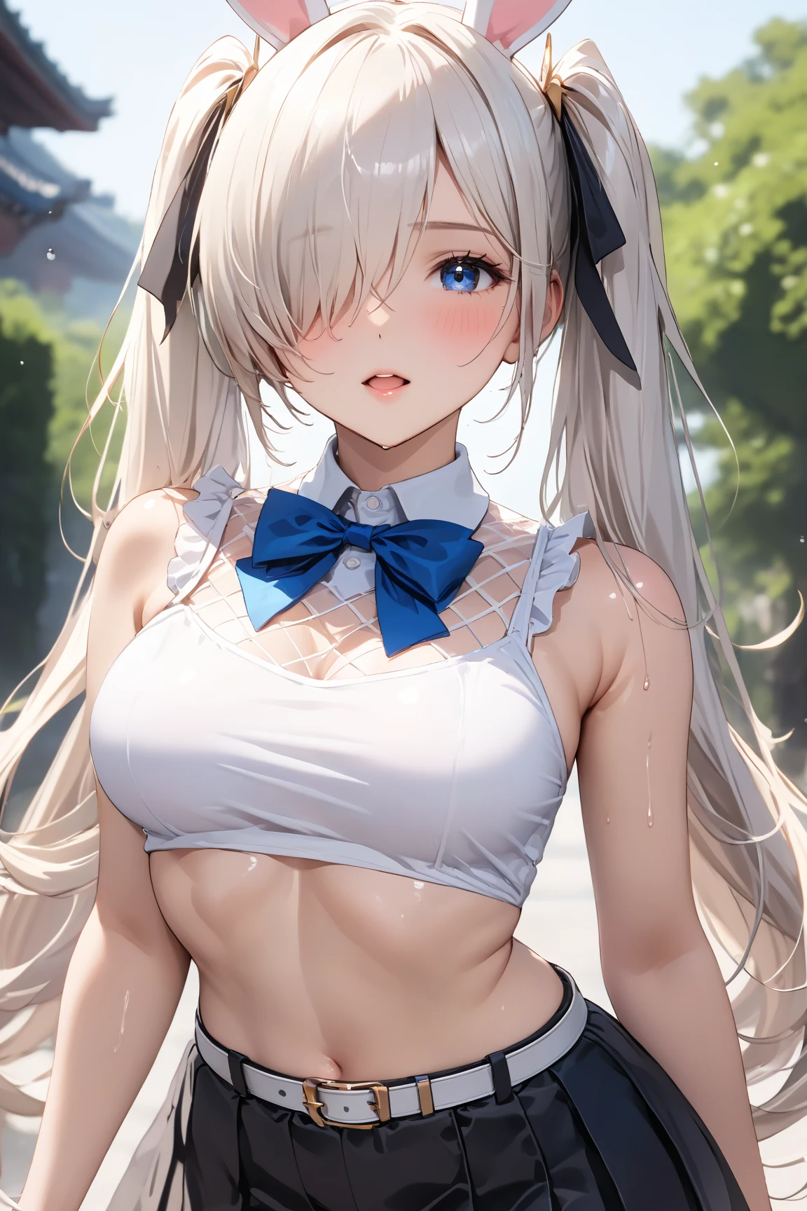 (SFW), masterpiece, top-quality, highres 64k, clean, cinematlic lighting, Best Shadow, Volumetric lighting, ((beautiful and detailed face,)) Eyes in Beautiful Details, beautifully detailed hair, O cabelo multicolorido, (The best lighting), (Very sexy young woman body:1.4), Naughty big、Big breasts emphasis, ((魅惑的:1.3, ))A smile, Watch your audience lovingly, Floating hair, makeup, 1girl in, 独奏, blue eyess, sliver long hair, cabbie hat, Open your clothes, ((Bottom、))Black shirt、suspenders、plaid skirts、thighs thighs thighs thighs、white glove、outside of house、(cowboy shot、)、(wind、wind lift、Skirt lifted by the wind、Skirt rolled up by the wind、Skirt flutters:1.5)、(Fully exposed panties:1.5)、(white panties:1.3)