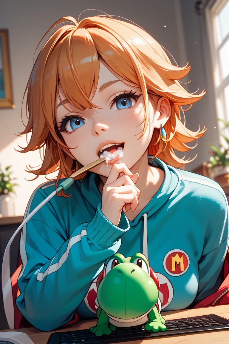( best quality), 1fille, nice face, gwendolyn_Tennyson, , (1fille, bare:1.3),, white background,, Kale, Coup moyen, Haut du corps, detailed face,ssmile, opened mouth, manches longues, some raglan, ,chemise multicolore, langue dehors, graphic shirt, Kalede feet, vagina, 