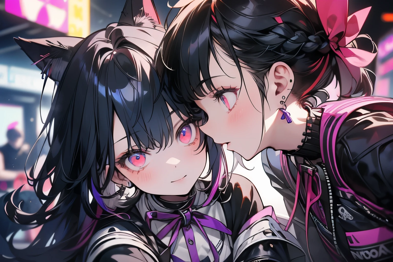 (masterpiece, top quality, top quality, Official Art, beautiful 、refined:1.2), ( 2girl'sl1.3), very well detailed,( Fractal Art :1.1),( colorful :1.1),highest resolution , ( blue neon light background and cyberpunk cityscape:1.3), ( shiny skin), (multicolor braided pattern:1.4), ,( earrings:1.4), ,( side hair tied with ribbon )(Cybersuit)(headphones)(Low-angle composition)( Virtual )(cyber display)(cyberpunk)