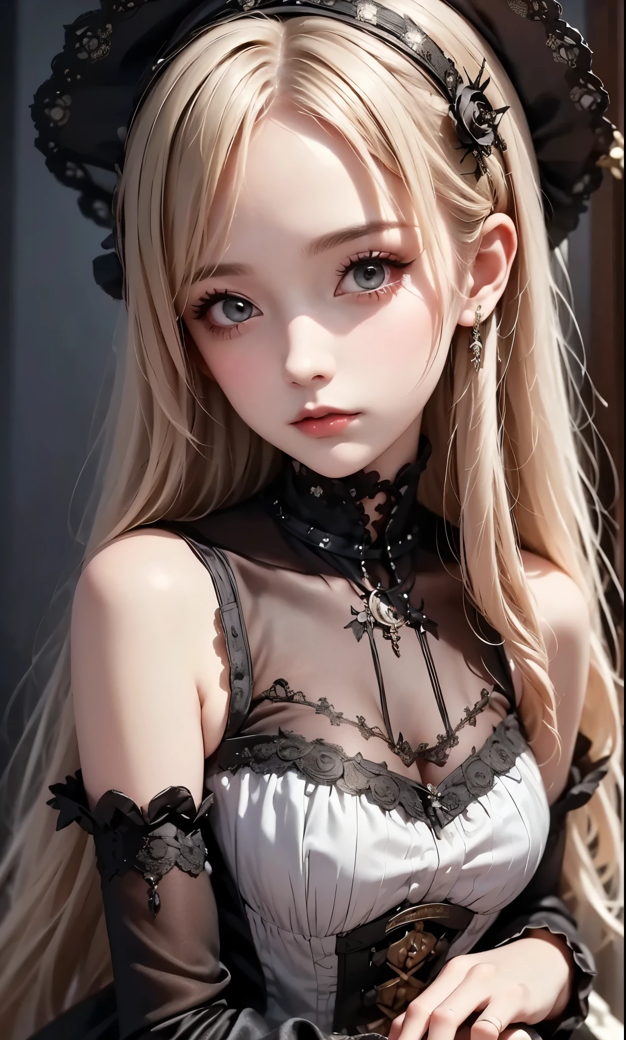 woman wearing dress and boots , baroque dress, wearing a detailed steampunk dress, elegant gothic princess, victorian gothic ta fashion, historical baroque dress dark, black gothic loliress, fantasy style clothing, rococo dress, black rococo, fantasy costume, wearing a gothic dress, romantic dress, gothic dress,blonde, tilt her head,(((upper body portrait)))