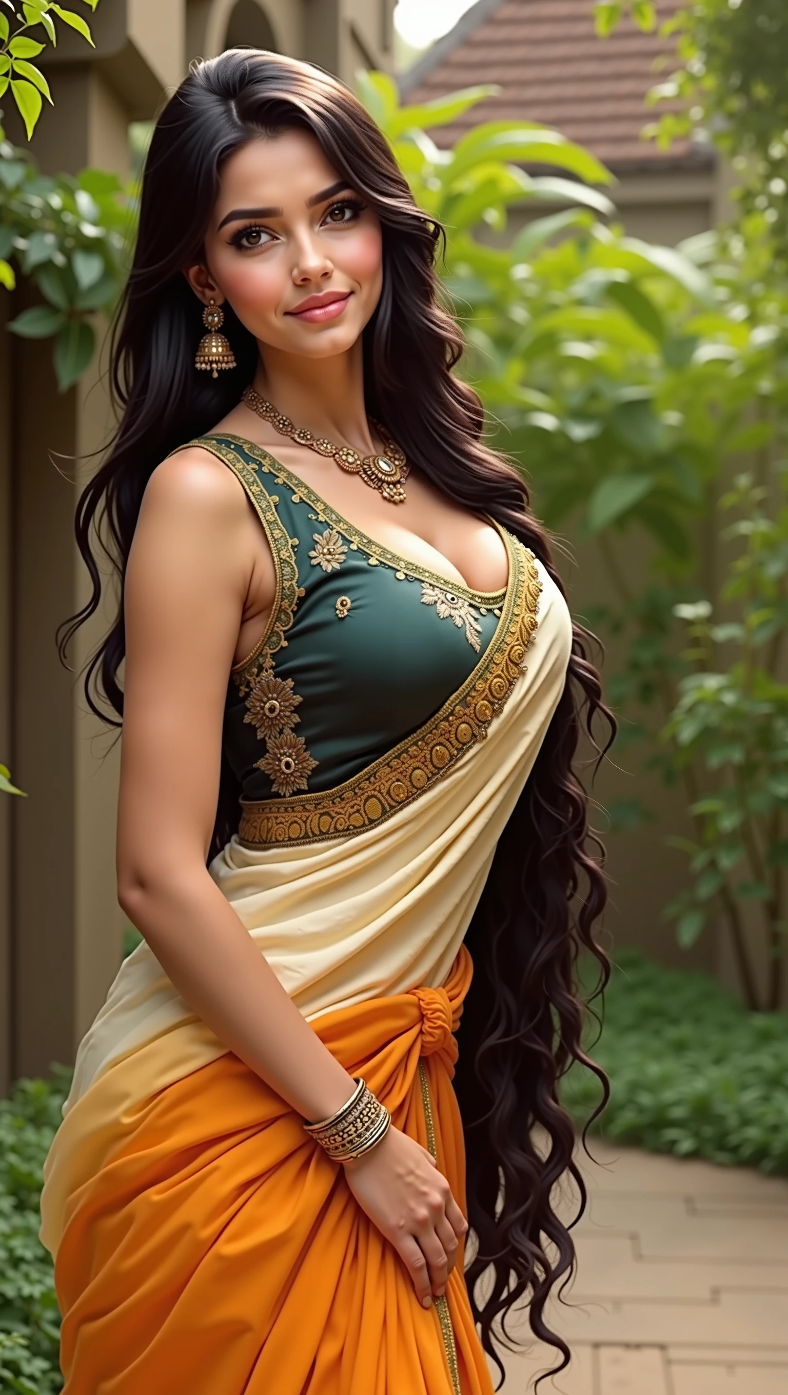 (masterpiece portrait photography:1.4) of a alluring sexy curvy tall supermodel Divya Bharti, posing in a garden , wearing beautiful, wearing ornate navvari sari, ornate venetian garden, heels, arms over head, armpits, (big flowing backlit hair), vivacious, lustful glance, exhilarated (captivating kohl lined eyes:1.1) , (seductive smile:1.3) soft dramatic lighting, falling leaves and flowers bokeh, key lighting backlit, light rays, highly detailed, trending on artstation, paint splashes, rich colour, wind all around, abstract portrait, by Ron hicks, proper eyes, proper face
