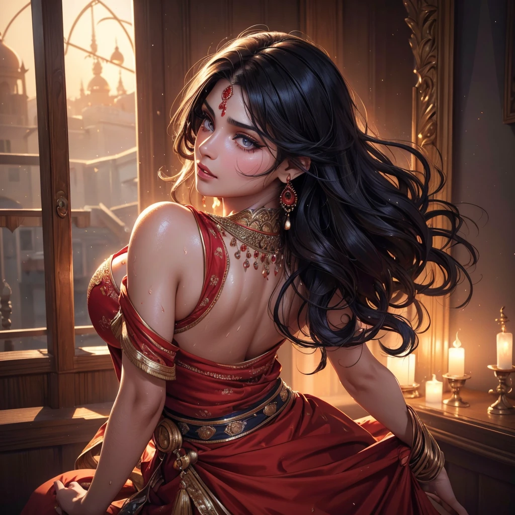 Single beautiful persian princess, wearing a fitted wet red sharara, long wavy black hair, (visible extremely sweat dripping from armpits 9.9) , (fully body covered in extremely glistening and shining sweat 9.9) , big breasts, white skin, backside visible with detailed facial features, beautiful detailed eyes, beautiful detailed lips, extremely detailed face, long eyelashes, portrait, (best quality,4k,8k,highres,masterpiece:1.2),ultra-detailed,(realistic,photorealistic,photo-realistic:1.37),dramatic lighting, warm color tones, vibrant colors