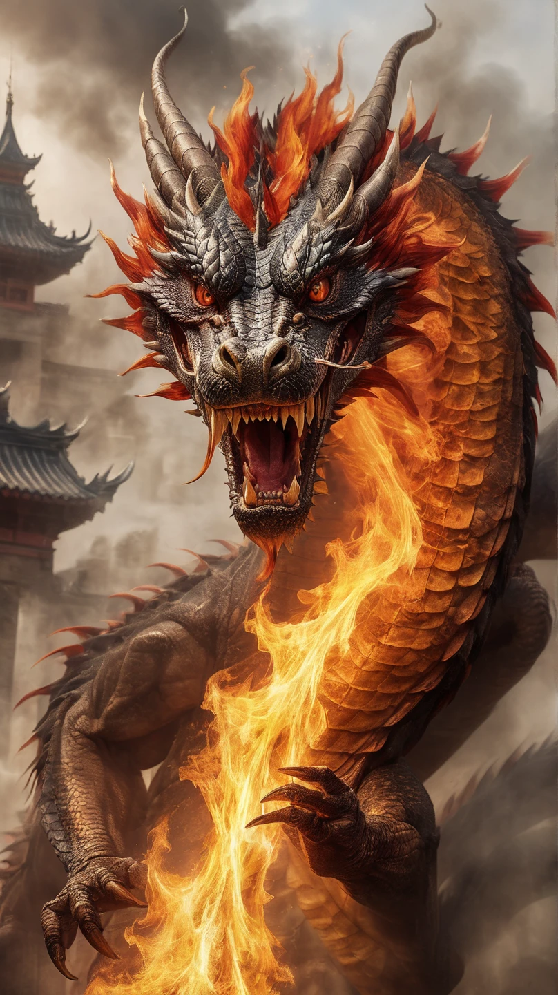 Dragon made of pure fire turned slightly to the right, made of pure fire, facing slightly to the right, close up, red dragon, dragon extremely close to the viewer, open mouth, Chinese Dragon,