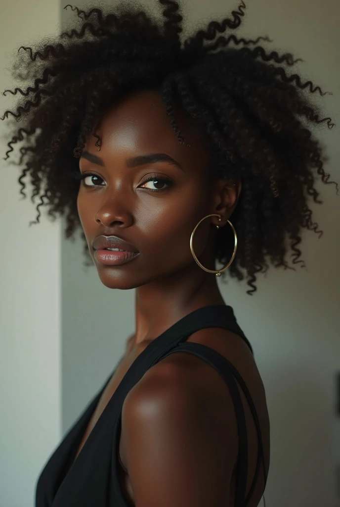 Create me a beautiful sexy black woman in front of the camera with clothes