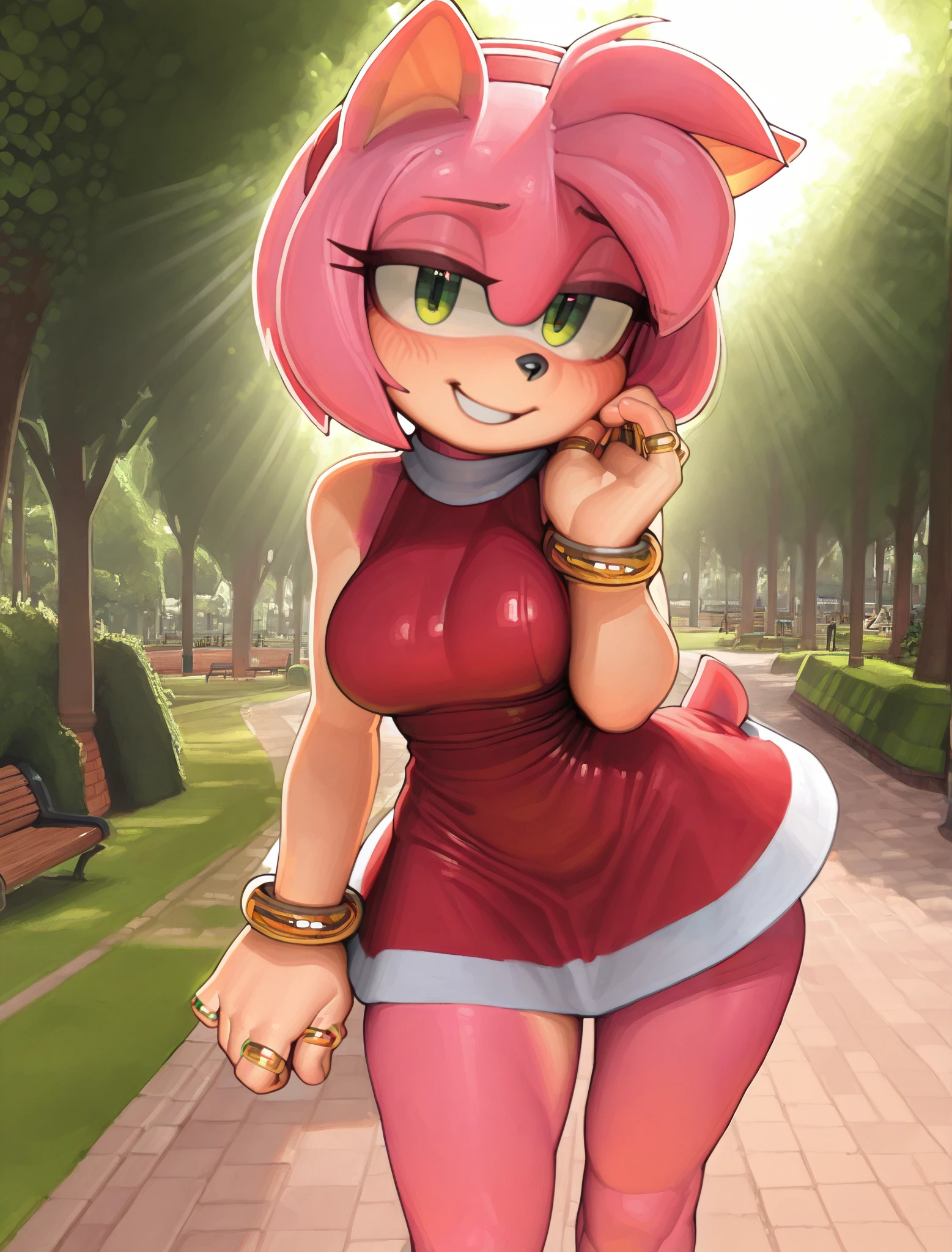 [Amy Rose], [Uploaded to e621.net; (Pixelsketcher), (wamudraws)], ((masterpiece)), ((HD)), ((High res)), ((solo portrait)), ((front view)), ((low angle view)), ((detailed fur)), ((detailed shading)), ((cel shading)), ((beautiful render art)), ((intricate details)), {anthro, pink fur, black nose, animal ears, (cute green eyes), (long eyelashes), (short hair), (hair bang), (curvy hips), (beautiful legs), (cute smile), (excited expression)}, {(short red dress), (short skirt), (upskirt), (white panties), (white gloves), {(standing over viewer), (arms behind back), (looking at viewer)}, [background; (park), (grass), (trees), (blue sky), (sun rays), (clouds in sky), (ambient lighting)]