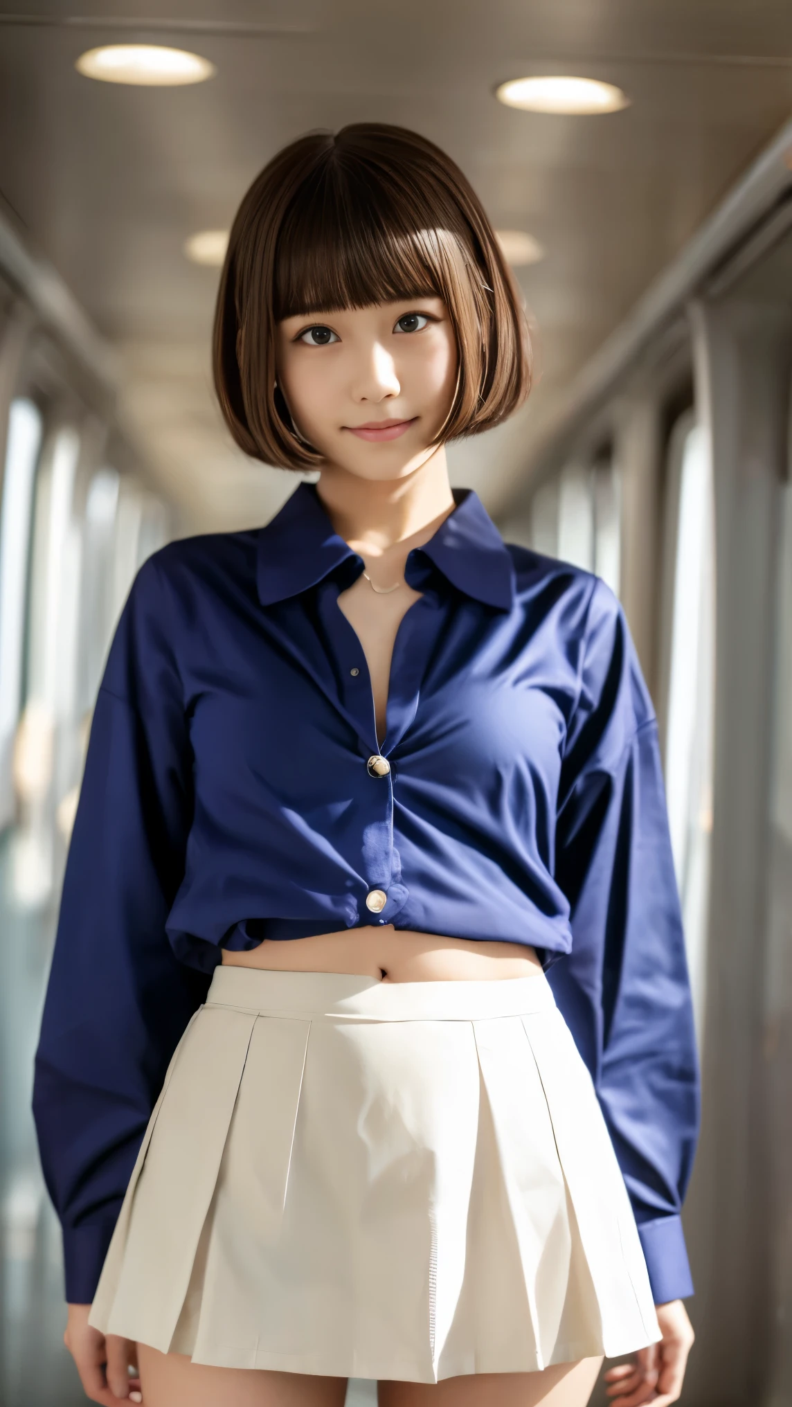 nsfw, photographrealistic, , bowl cut, ((Blunt bangs)), masterpiece, 8k, best quality, ultra-high res, absurdres, (photo realistic:1.4)(((masterpiece))), (((best quality))), ((ultra-detailed)), (1 girl), (solo), , (Loose socks) (pureerosface_v1:0.4), (European :1.7), (Japanese :0.6), (age 10, pretty girl:1.3), (loli:1.1)high nose, slim body, slender girl, (detailed middle bust), slim thighs, slim legs, small hip, school bag, ((school uniform)), (open shirt:1.8), ((navy mini skirt)), detailed clothes, standing, detailed wet ass, detailed wet hip, detailed wet legs,
((from front, from below, focus front, focus pantie, focus legs)), (from below:1.6)
(wearing white shirt, plaid navy skirt),
in the train,
a gal, peeping white wet underwear,
best quality, Realistic, ultra high res, photo realistic,
Japanese
slim,
smile,
huge breasts,
pussy line,