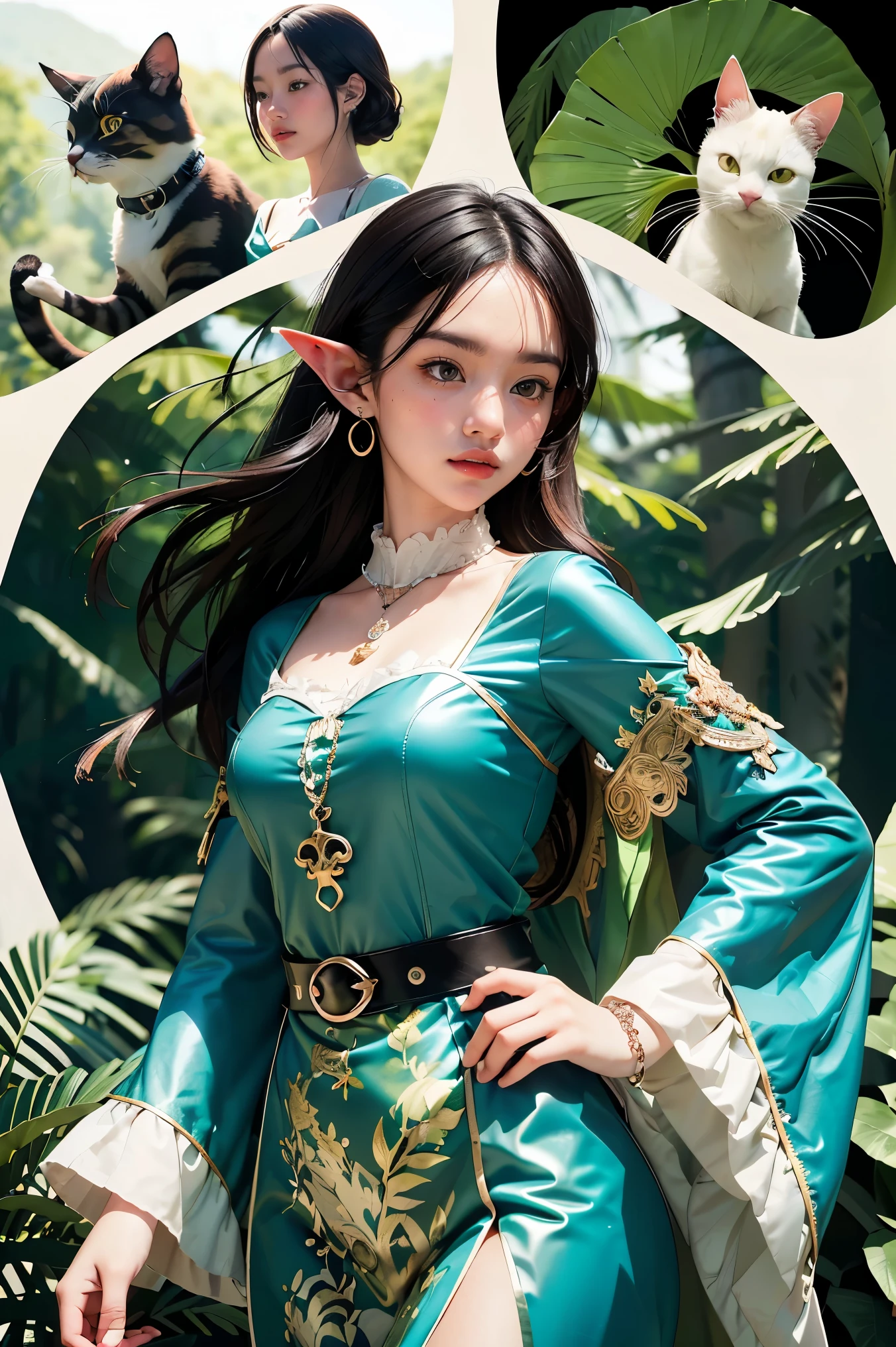  Elf Girls ,Long ears, slim figure,  Designs That Make You Feel Like Forests and Nature（ Leaf and Flower Motifs 、Light Fabrics ）Clothes for,  earrings with ear cuffs and chains ,corolla, intellectual and mysterious , (Cats and rabbits ） pendants and bracelets with motifs ,  decorative belts ,  asymmetrical costumes , arrange line drawings with vector layers to change the thickness to create a three-dimensional effect,Forest and lake background , Contemporary Artistic Collages  ,  collage art work,  New Album Jacket  ,  Great Job  !,  digital collage  , collage art ,   Contemporary Collage ,  mixed media collage  ,  surreal + high image quality, surreal style,convertible, pop psychedelic art  ,  Highly saturated work  ,  add a little fantastic effect with airbrushing ,