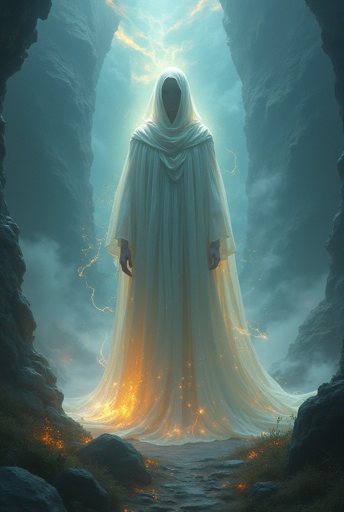 (highly realistic) (work of art) (4k image quality) (hyper detailed) (beautiful perfect face)(fot)(Approximate image)
"Create an ethereal, luminous scene set in the fifth dimension, featuring a wise fractal being that radiates light. The being is wrapped in a fluid white cloak that covers its entire body, symbolizing purity and wisdom. In your hands, he holds a shining staff, symbol of ancient knowledge and power. The background is filled with soft, luminous fractal patterns that evoke a sense of harmony and enlightenment.. The atmosphere must be serene, with a warm and welcoming light that conveys a message of peace, spiritual ascension and elevation."