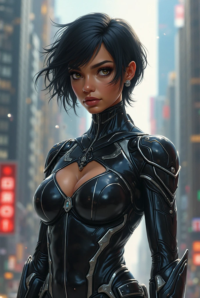 (best quality,ultra-detailed,realistic:1.37),portrait,beautiful detailed eyes,beautiful detailed lips,intense gaze,stern expression,dark atmosphere,metallic texture,shiny armor,reflective surfaces,bobcut hairstyle,futuristic fashion,leather jacket,black clothing,urban setting,city street scene,night time,neon lights,grimy alleyways,motorcycle,assassin,deadly weapon,confident stance.