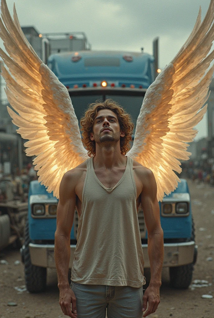 Icarus, the waxen man, with wings of angel feathers made of wax, melting.