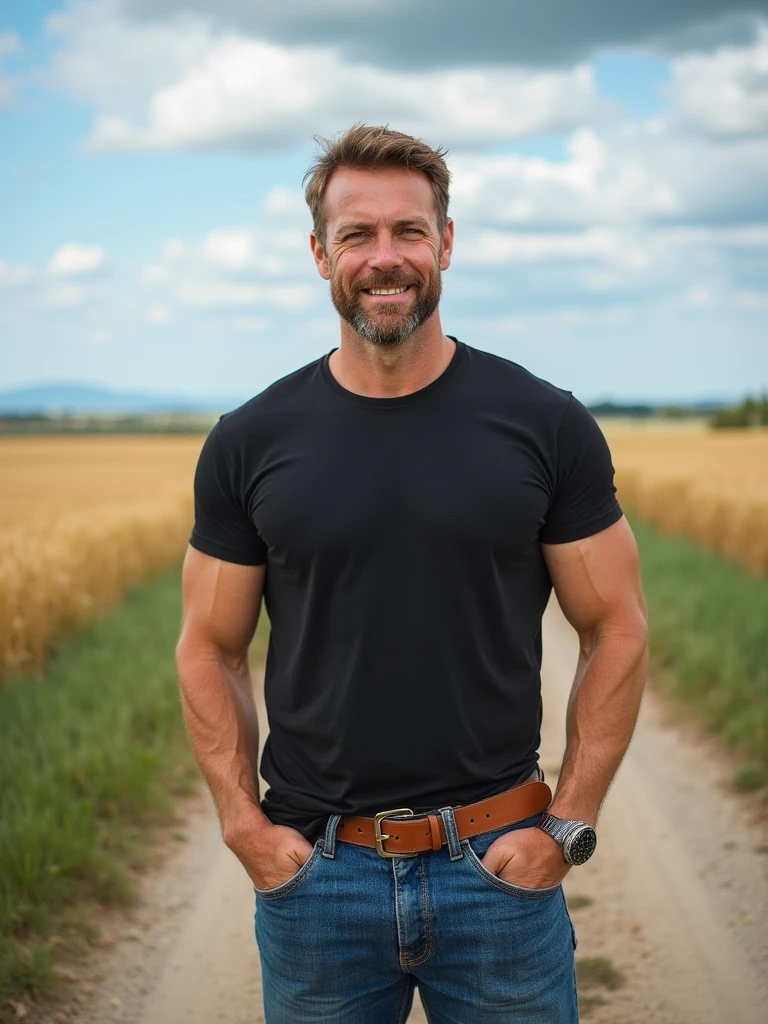 A man with a farmer's body, tumbled down and relaxed, poses among vast fields of wheat in this realistic image. The sun casts cinematic light upon his skin, highlighting every crease and detail. The colors are natural and earthy, reflecting the rustic surroundings. The man's broad shoulders and muscular build are on full display, adding to the sense of strength and vitality. This is a masterpiece of realism, with each texture and detail rendered in exquisite detail, showcasing the beauty of the countryside and the man within it. (Realistic, masterpiece, cinematic light, farmer, earthy textures, muscular build, vast fields)