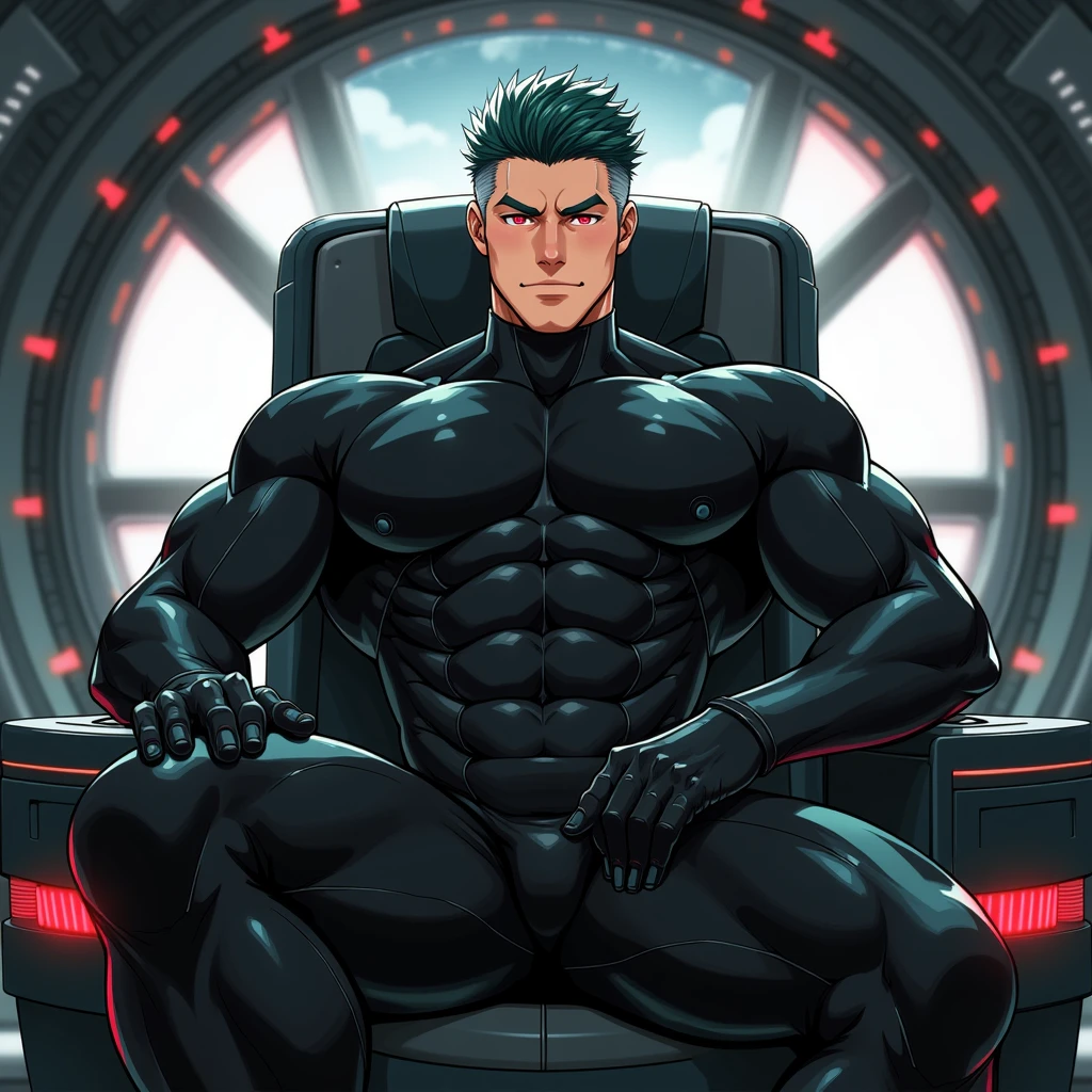 1man,(male,muscular man,bodybulder) black bodysuit, sitting, crossed legs, black eye patch, throne, looking down, from bottom, looking at viewer, outdoors, masterpiece, best quality, very aesthetic, absurdres