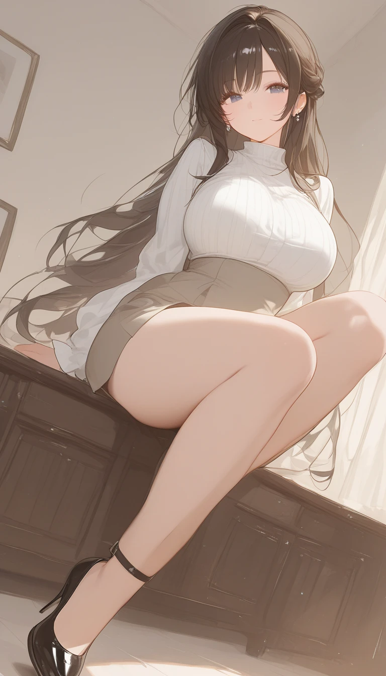 Italian girl, 25 years old, very long loose brown hair, super breasts wearing an unbuttoned white shirt, wearing a black pleated mini skirt, a black lace bra, hair covering the breasts, bare feet, school classroom