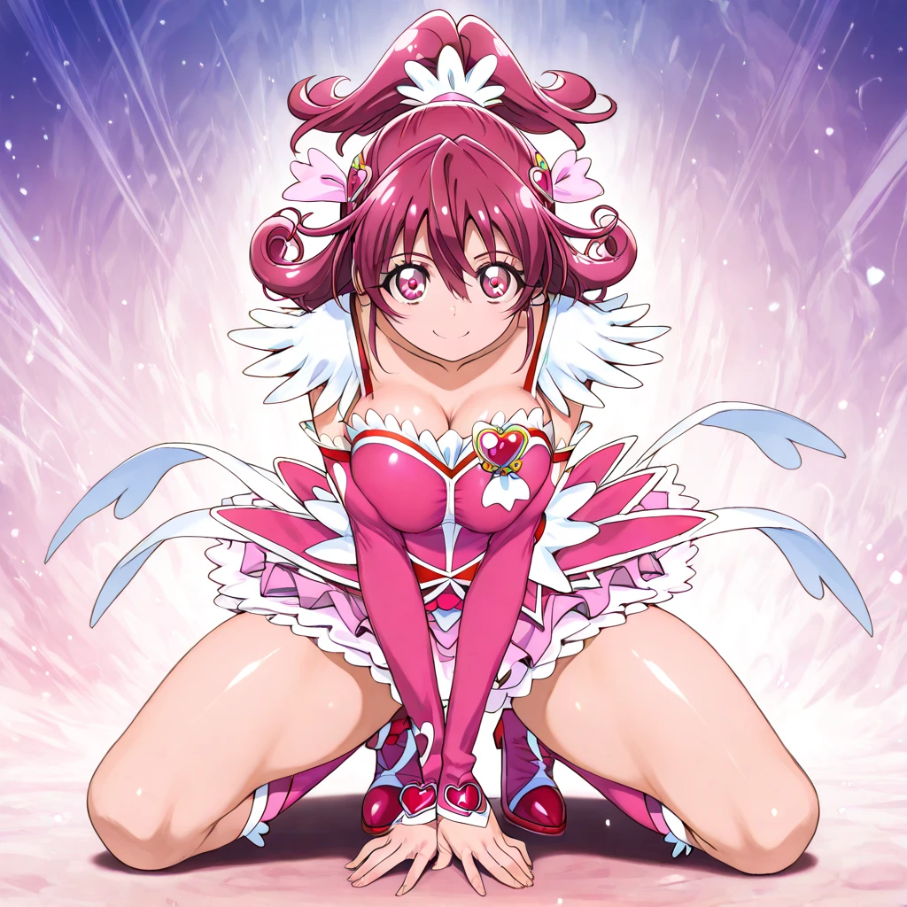 ((sherry)), official anime artwork, looking at viewer, collar, (purple hair:1.4), multiple ahoge, (dark red-gold eyes:1.2), gold eye accent, (hair_ornament:1.4), twin-tails, hair_tie, young female, beautiful nose, beautiful character design, perfect eyes, perfect face, expressive eyes, perfect lighting, shiny skin, flushed skin, blushing face, lewd smile, gravure, pinup, long thin pointy ears, (solid colors:1.4), dark red-gold eyes, (sherry), beautiful finger, beautiful very long legs, beautiful body, long thin pointy ears, (all visible leg skin covered by tights:1.2), (all visible stomach skin covered by tights bodysuit:1.4), (all visible hips skin covered by tights bodysuit:1.4), arms completely visible, (arms showing skin:1.2), (pink sleeveless buttoned top:1.6), (pink outfit:1.2), (white trim:1.8), (white lapel:1.4), (thigh-high pink boots with white lapel:1.9), (black belt:1.2), (black garterbelts:1.8), (black garterbelts connecting boots to shorts:1.4), (boots pulled up by bootstraps:1.4), small breats