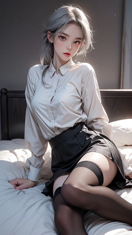 (((1 girl)),ray tracing,(dim lighting),[detailed background (bedroom)),((silver hair)),((silver hair)),(Fluffy silver hair, plump and slender girl))) with high ponytail))) Avoid golden eyes in the ominous bedroom ((((Girl wears a white shirt, black wrinkled skirt with black transparent pantyhose), showing a delicate slim figure and graceful curves, correct limbs, sitting on the bed with hands behind her head, Put both hands behind your head