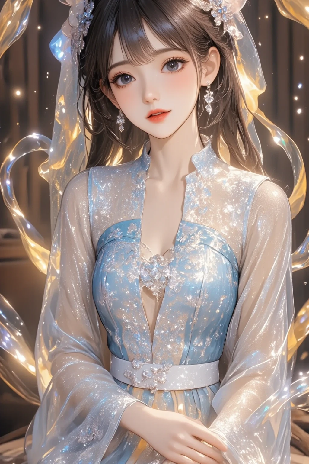 1girll,（enchanced quality：1.4），（Top quality true texture skin), Delicate face,Black hair, Gradient hair, Petite body,（perfect bodies：1.1）, There are precious stones on the forehead, （rimless eyewears：1.1）, Sparkling pupils，long eyelasher,grin, hyper photorealism, Cinematic lighting, projected inset, surrealism, hyper HD, Masterpiece, 16k，Lie down，dream on，Wear transparent silk pajamas,Carmelto，Tattooed with，Fantasy space，Luxurious space,A half body