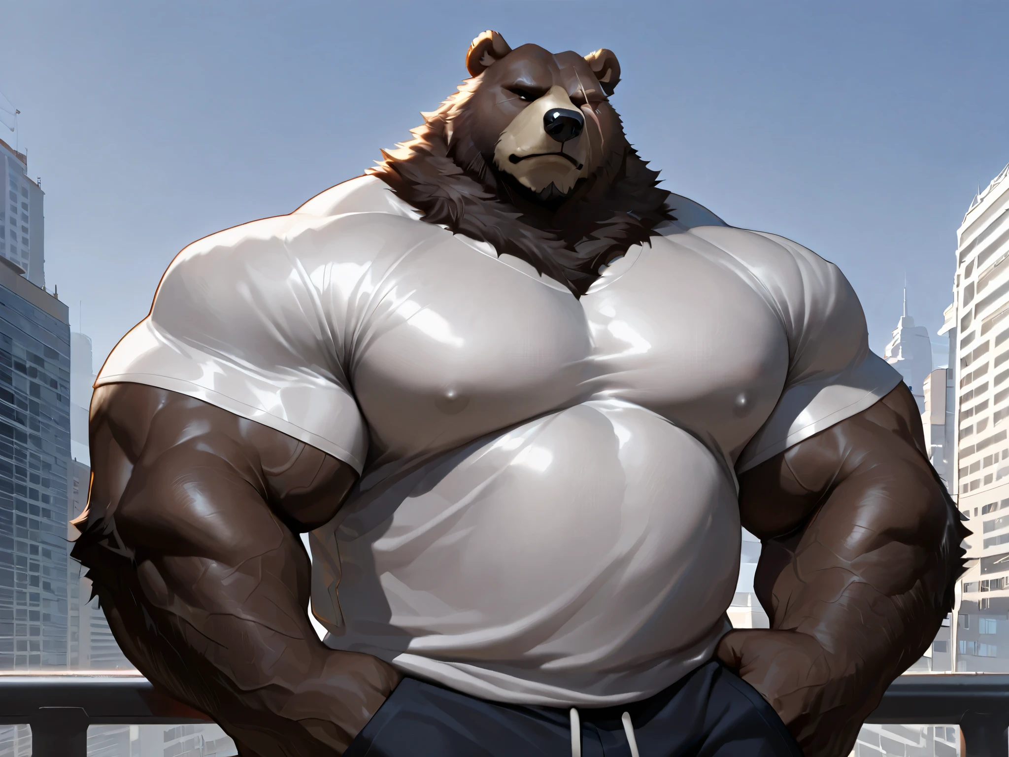solo, massive muscular, ben bigger, Bear Boy, Scar on Eye, Ben Bigger, shirtless, very huge pectoral, shorts, city, detailed face, wide shoulder, thick arms, wide pectoral, muscle, short hair:1.2, masterpiece, semirealistic:1.2, high detailed, 8k, high resolution