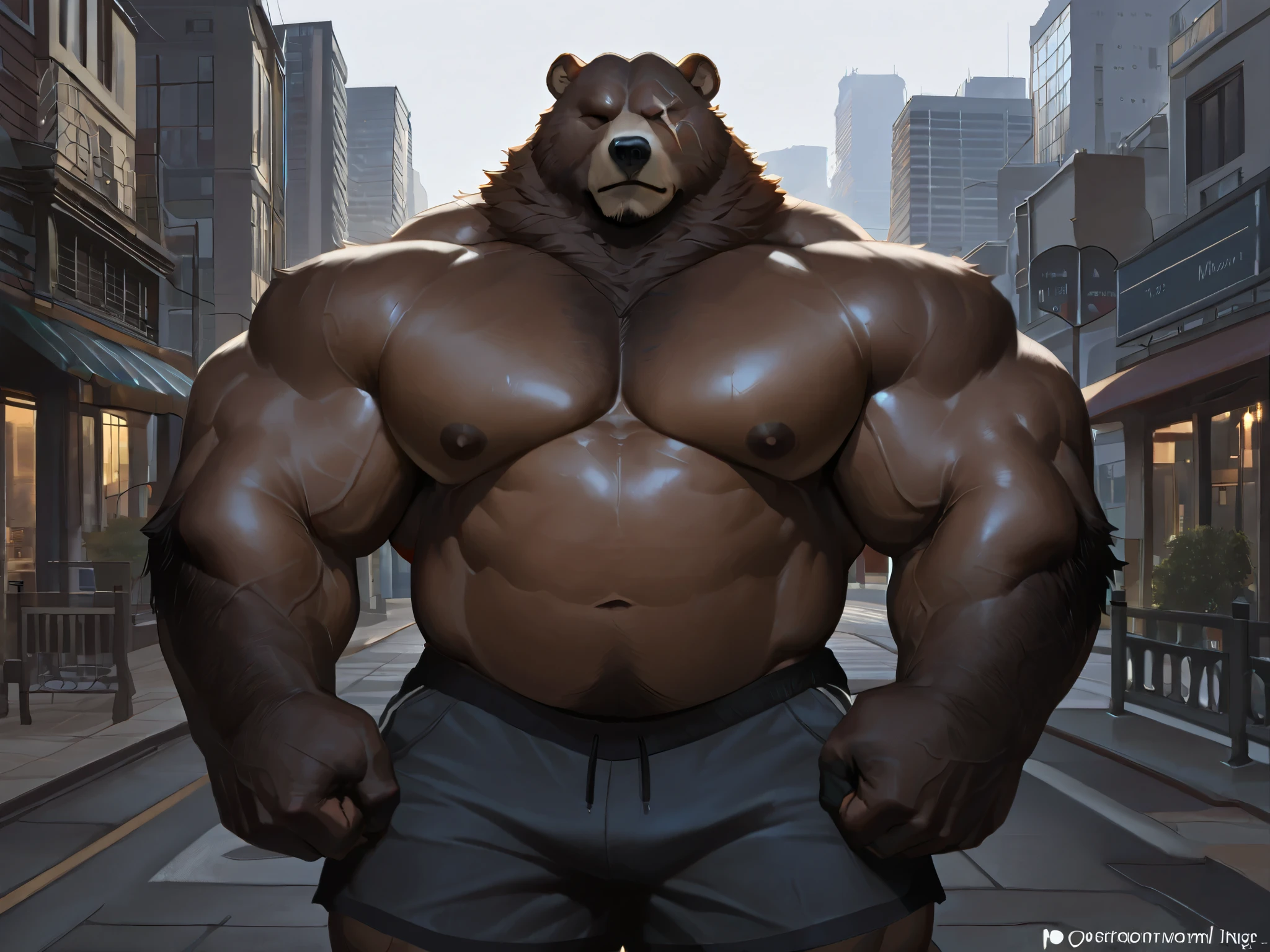 solo, massive muscular, ben bigger, Bear Boy, Scar on Eye, Ben Bigger, shirtless, very huge pectoral, shorts, city, detailed face, wide shoulder, thick arms, wide pectoral, muscle, short hair:1.2, masterpiece, semirealistic:1.2, high detailed, 8k, high resolution