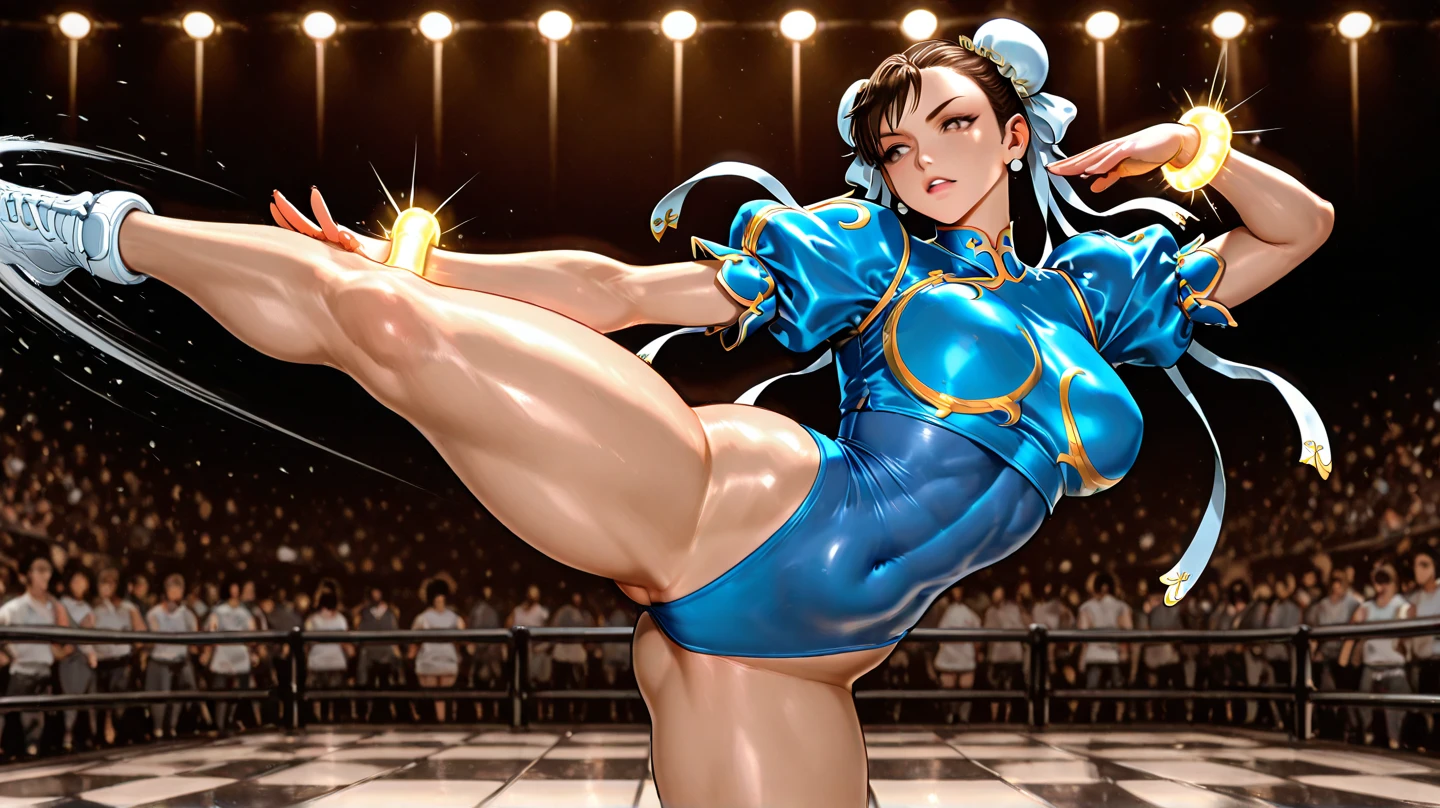 (masterpiece, best quality:1.4), (standing on one leg:1.2), (standing split:1.3), 1girl, solo, sfa chun, blue vest, unitard, blue pants, skintight, yellow ribbon, short hair, sneakers, bare shoulders, looking at viewer, beautifull smile, beautiful face, highly detailed face, highly detailed eyes, subsurface scattering, realistic pupils, full face blush, full lips, detailed background, depth of field, volumetric lighting, sharp focus, absurdres, realistic proportions, 16k hdr, fullbody, hand holding one leg up, street fighter, musclar, abs, flexible, gym, toned, musclar legs, detailed legs, detailed body