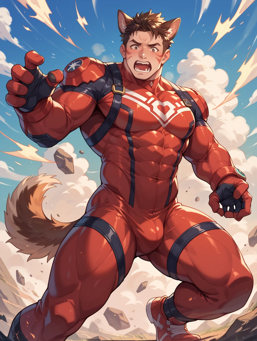 Huge muscles,Crying face,Lots of drool and sweat,Harness,Young face,ager face,Huge erect penis,Full body image,Young body,Muscular legs,Wearing boots,Large, toned muscles,Spider-Man pose,Shaking violently