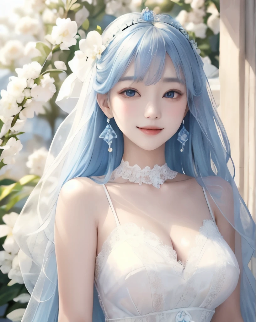 Super detailed、highest quality、masterpiece、
vivid、beautiful girl、Wide double eyelids、Big eyes、Japanese、Sepia eyes、Long Hair、Light blue hair、Flower Field、Daytime、bright、vivid、Princess、princess、goddess、clear、bride、Wedding dress、race、((organdy))、choker、Earrings、tiara、Natural smile