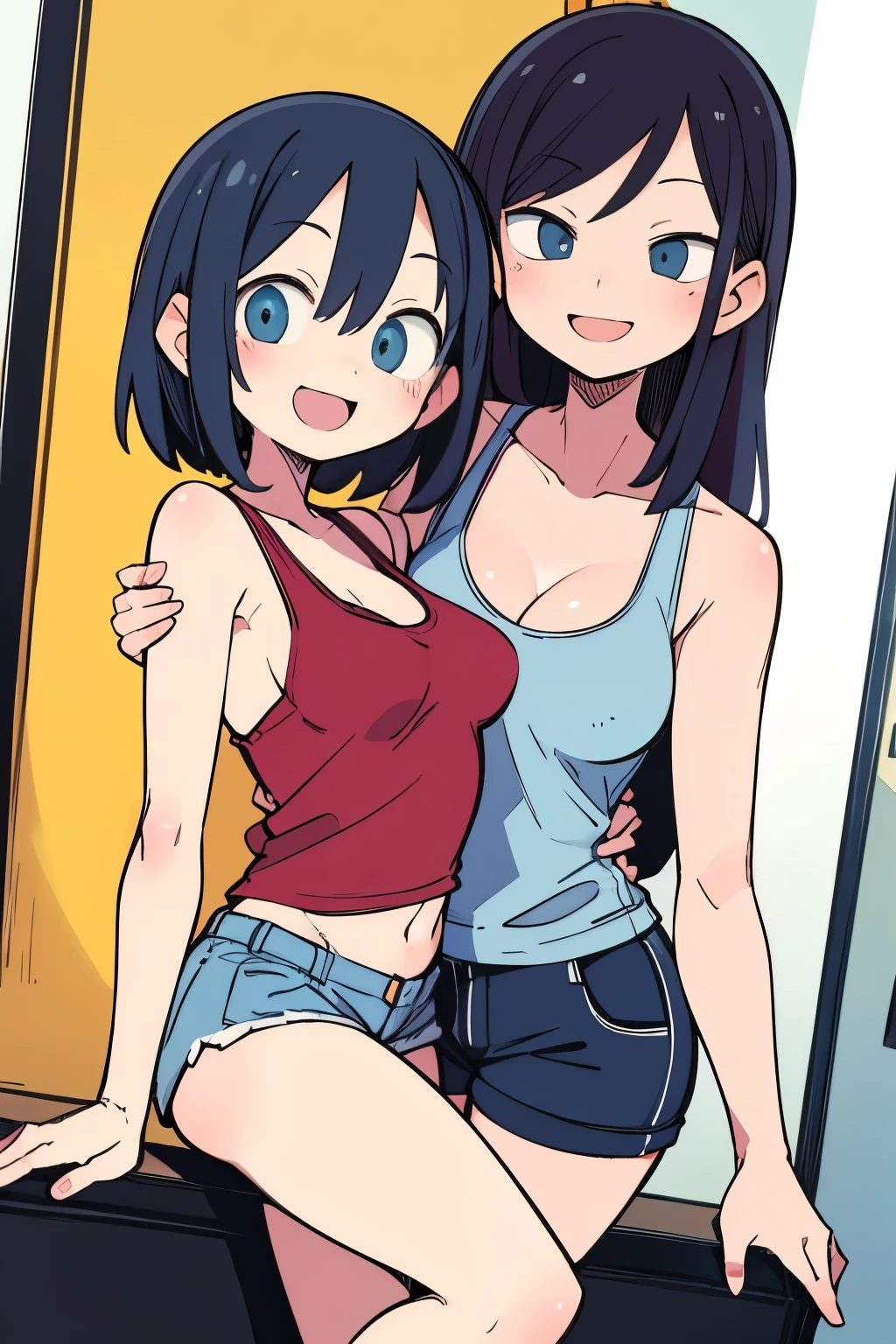 2heads, a thin woman with 2 heads. She has enormous breasts. Her breasts are very round and firm. She is wearing only a sports bra and shorts. She is happy. She looks playful. Her breasts are massive.