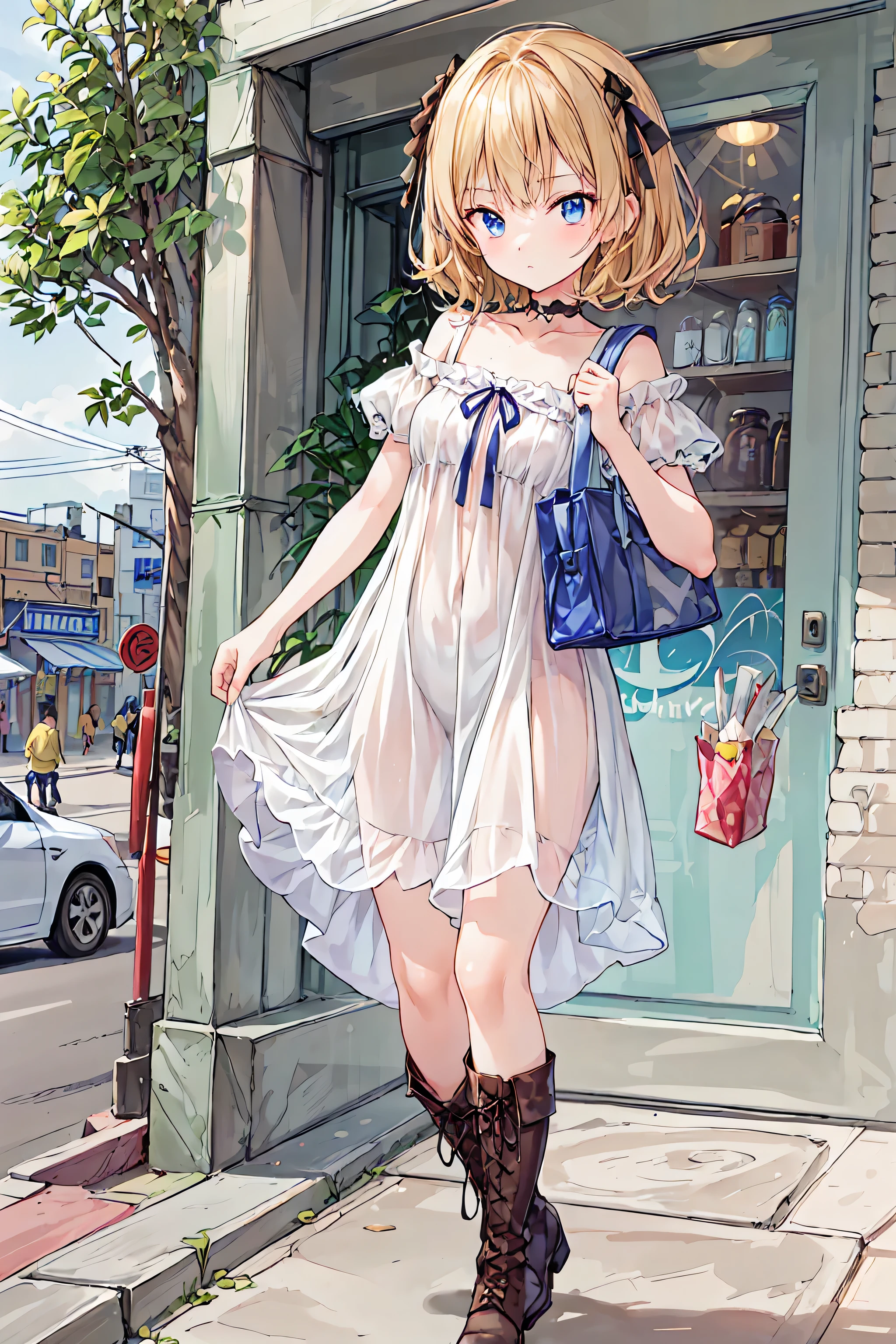 best quality,super detailed,((background:Outside Street 1 ,8)),( walks through the city),(({{one boy)),(()),((trap)),((bulge)),Black Choker,((short blond hair)),(( man's face )),((I have a )),(()),(( flatter )),((Weak chest)),((flat chest)),(( Gothic ta Fashion)),(Black gothic tops ),( Gothic Skirt ,(lace up long boots),(( carry bag)),Brilliant Color,soft writing,