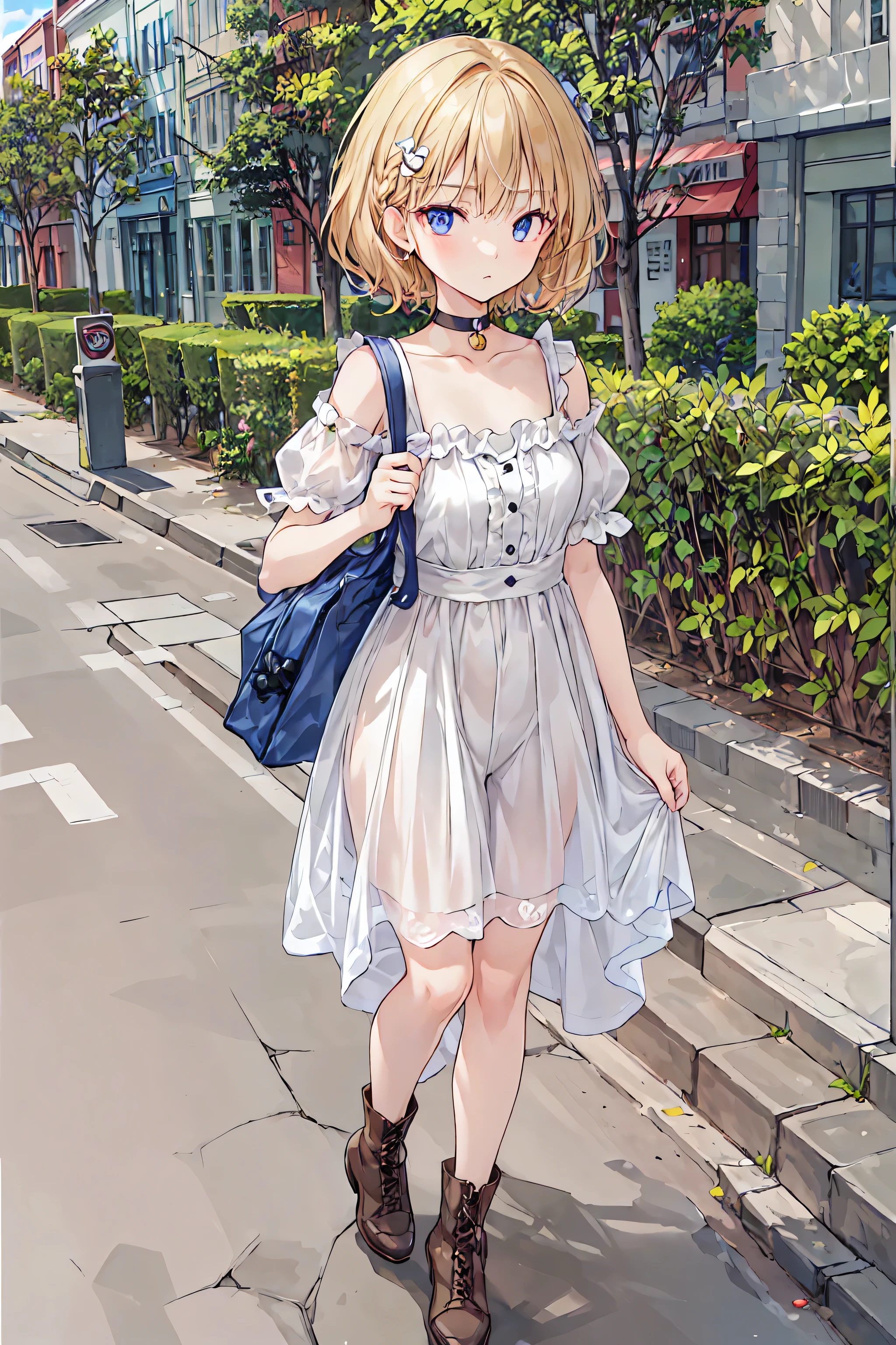 best quality,super detailed,((background:Outside Street 1 ,8)),( walks through the city),(({{one boy)),(()),((trap)),((bulge)),Black Choker,((short blond hair)),(( man's face )),((I have a )),(()),(( flatter )),((Weak chest)),((flat chest)),(( Gothic ta Fashion)),(Black gothic tops ),( Gothic Skirt ,(lace up long boots),(( carry bag)),Brilliant Color,soft writing,