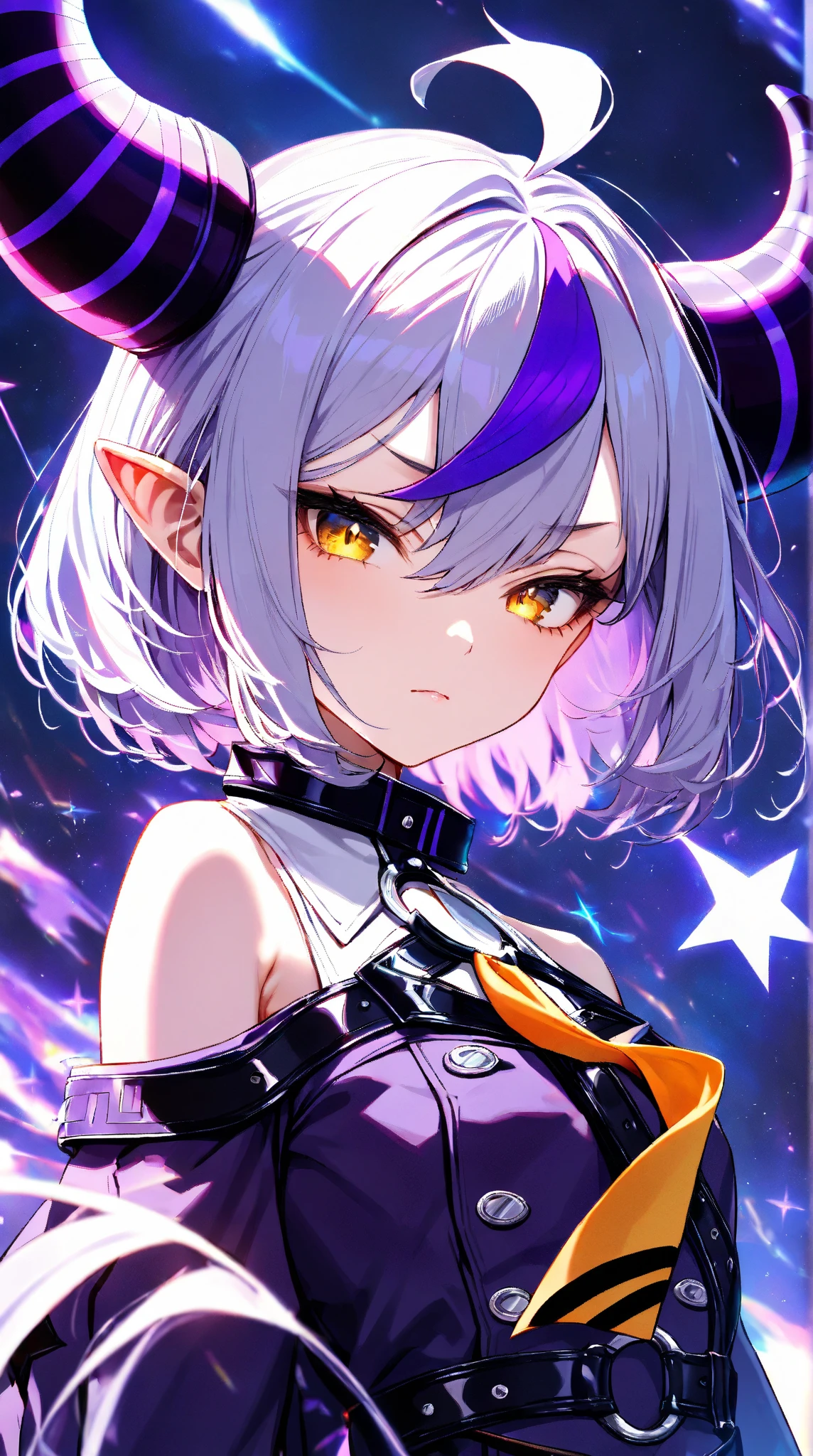 1girl, solo, animal ears, pose, happy, smiling, fangs, purple bear ears, purple hair, looking at viewer, ahoge, bangs, short hair, original character, pink eyes, magenta eyes, red eyes, multicolor eyes, short hair, wavy hair, swept bangs, small breasts, flat chest, bear ears, tired, sleepy, bags under eyes, beauty mark, young, loli, short eyebrows, stars, pose, hugging viewer, reaching towards viewer, reaching, outstretched arms, carry me