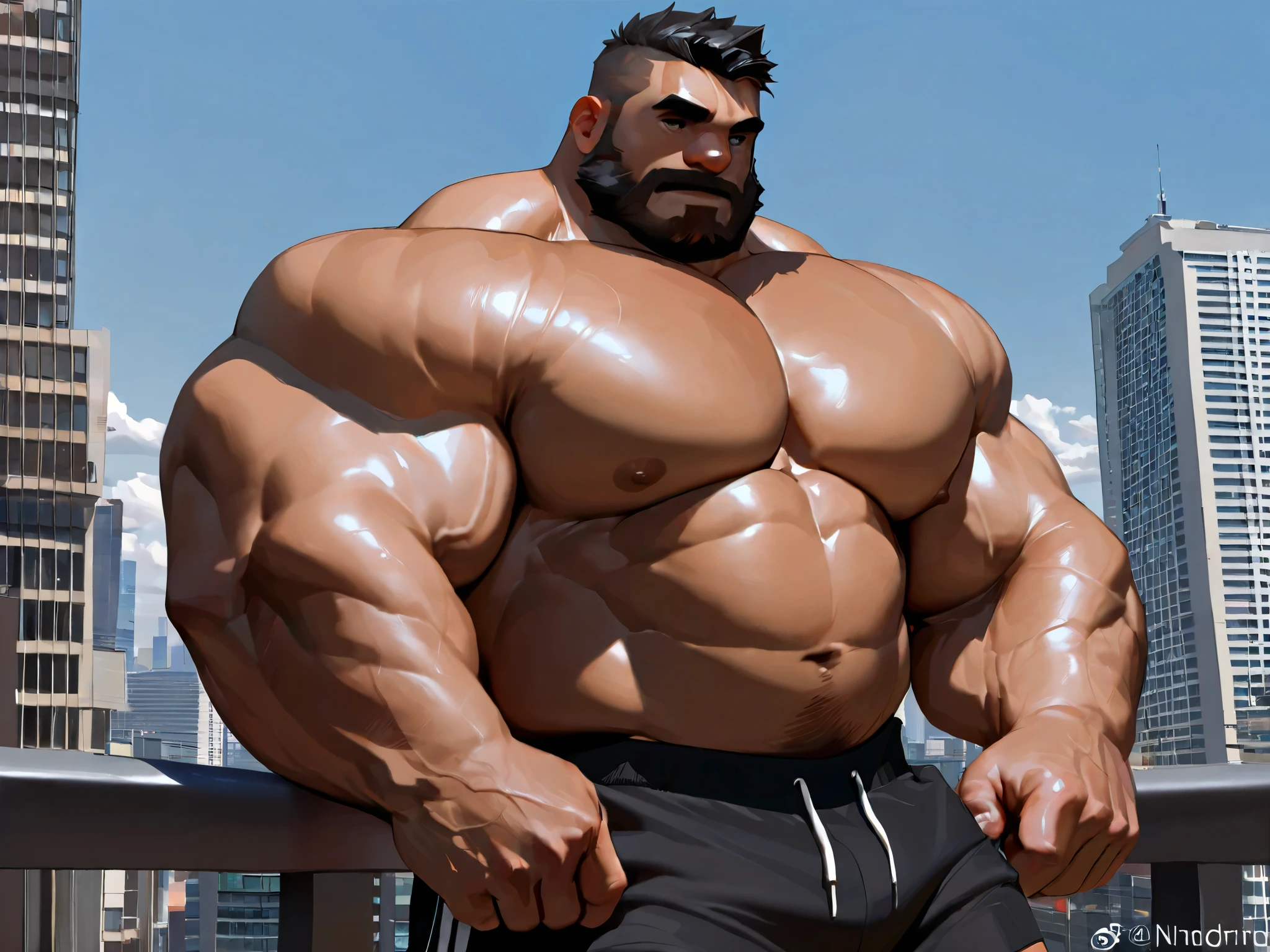 a man standing in city, muscular, old man, (middle-age), black hair, short hair, sunset, twilight, ((shirtless)), hills and city