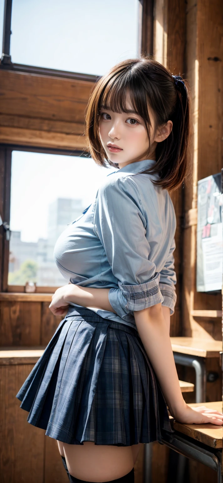 (((Medium Hair)))、top-quality、8K、nffsw、Hi-Res、absurderes:1.2、Background blur、bokeh dof:1.2、a picture、(Raw photography:1.2)、(Photorealsitic:1.4)、(masuter piece:1.3)、 (intricate-detail:1.2), 女の子 1 人, 独奏, japanaese girl, Delicate, Beautiful fece, detaileds, (A detailed eye), (detailed facial features), 小柄, (((small tits))), Skin is tight, (see the beholder), from the front side, (skiny)、(top-quality:1.4)、(超A high resolution:1.2)、cinematric light、(very detailed illustration)、(lipgloss、top-quality、超A high resolution、depth of fields、Caustics、Broadlighting、Natural Shading、85 mm、 F/1.4、ISO 200、1/160s:0.75)、女の子1人、独奏、(((Blue vest for bare skin)))A smile、((校服、Checkered pleated skirt、‎Classroom)),No Underwear、