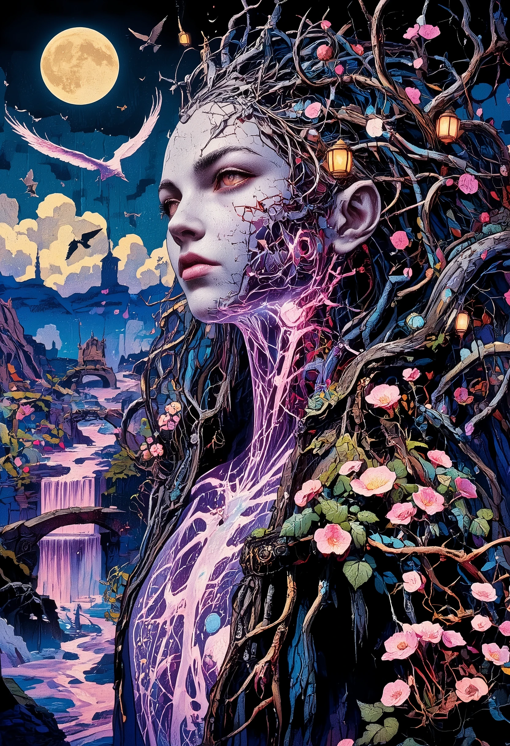 A strange portrait of a woman with her head slightly bent in half a turn, the image is a continuation of an unknown planet, eyes the color of the screen of an on-screen monitor flicker with cosmic pixels, skin resembles a weathered stone covered with a bluish haze, with deep luminous cracks along the cheeks of the collarbones and neck, emitting a soft lilac light, veins of molten cyber-electric plasma glow faintly under the surface Deep, winding channels of bright neon colors are laid along her cheekbones and chin, they sparkle and are softly illuminated, Tiny glowing bioluminescent fungi accumulate at the base of her throat, her hair is made up of intertwined alien plants, tangled roots and blooming fantastic flowers intertwined with fallen leaves and delicate petals, as they fall down, they turn into a dense, sprawling forest covering her shoulders, where miniature galaxies nestle among the branches. on the treetops, small lanterns are hung between the trees, casting a soft golden glow, shoulders and collarbones form a hilly terrain, along which small ectoplasm waterfalls descend, creating fog that gently dissipates in the air, transparent fluorescent rivers cut through the area, their surface reflects cold moonlight, tiny stone bridges are thrown over winding pink streams, the background is a dark stormy deep blue sky, whitish clouds and alarmingly flying birds, the background is slightly blurred, color perspective, tone perspective, high angle, digital painting, fantasy art, cyber punk art, high detail