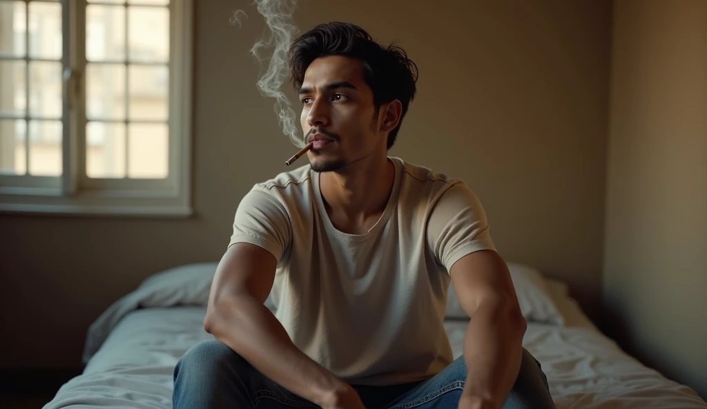 (photorealism:1.2), handsome Indian man, topless, sitting on bed, v shaped underwear, indoors, soft lighting, plants in background, window with sunlight, cozy room, relaxed pose, realistic, holding a dildo, intricate details, warm colors, by Greg Rutkowski, by Alphonse Mucha. Penis bulging out of underwater, inserting his dildo.