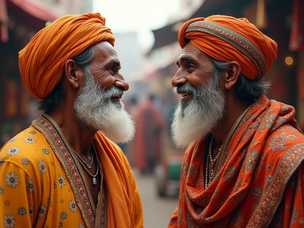 Hindu and Muslim, the Muslim cap on the Hindu head, and the Hindu's yellow muffler on the Muslim brother's neck, both hands on each other's shoulders