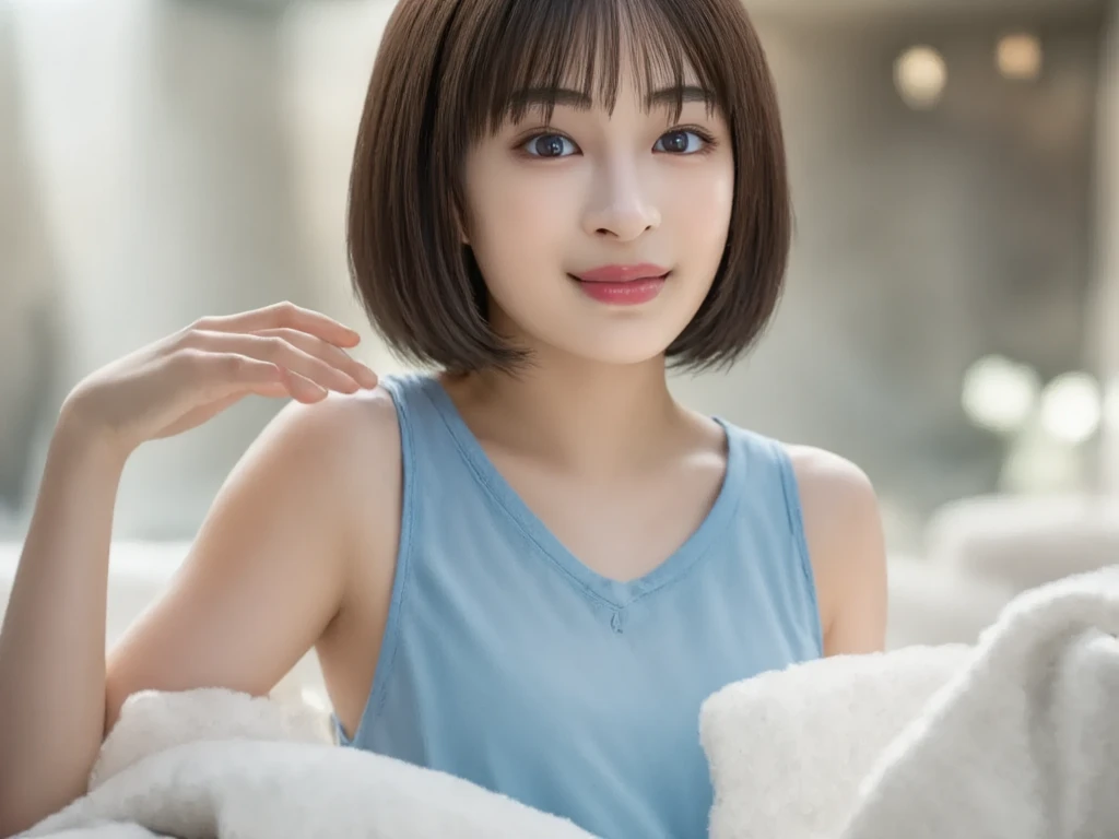 (yinchuan:1.5), close-up, masterpiece, best quality, raw photo, photorealistic, big breasts, beautiful and perfect face, soft smile, 20-year-old girl, dusk, light blue t-shirt, beautiful feet, short hair, depth of field, high resolution, ultra detail, fine detail, very detailed, highly detailed eyes and face, sharp pupils, realistic pupils,