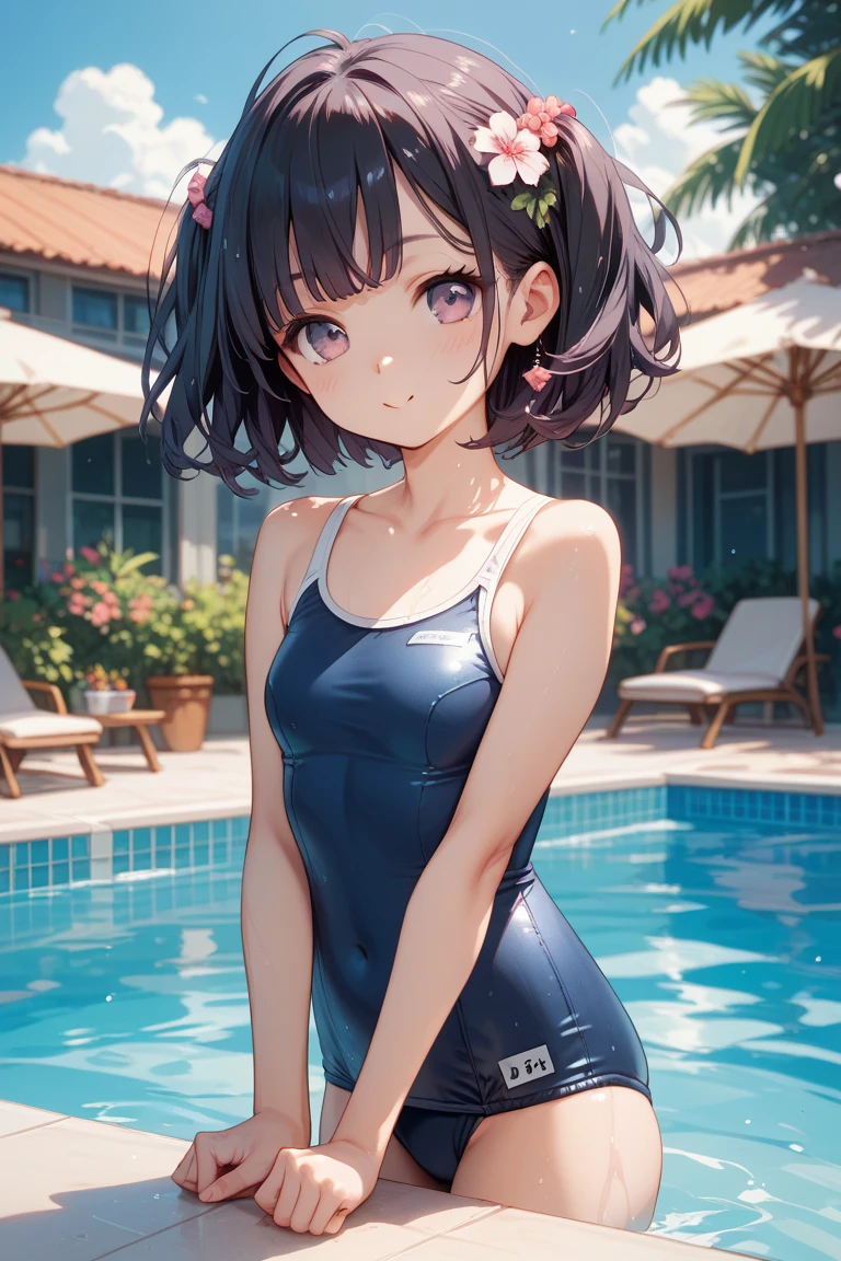 from behind, from below, looking back, Cute pose、Highest quality、Best image quality、masterpiece、solo, a girl、Beautiful Eyes、black hair, purple eyes、Short bob cut、(sideburns), middle part, (flat chest)、Slender、Tight waist、Round Glasses、Beautiful Face、Natural smile、red cheek、skirted bikini, At the school pool、