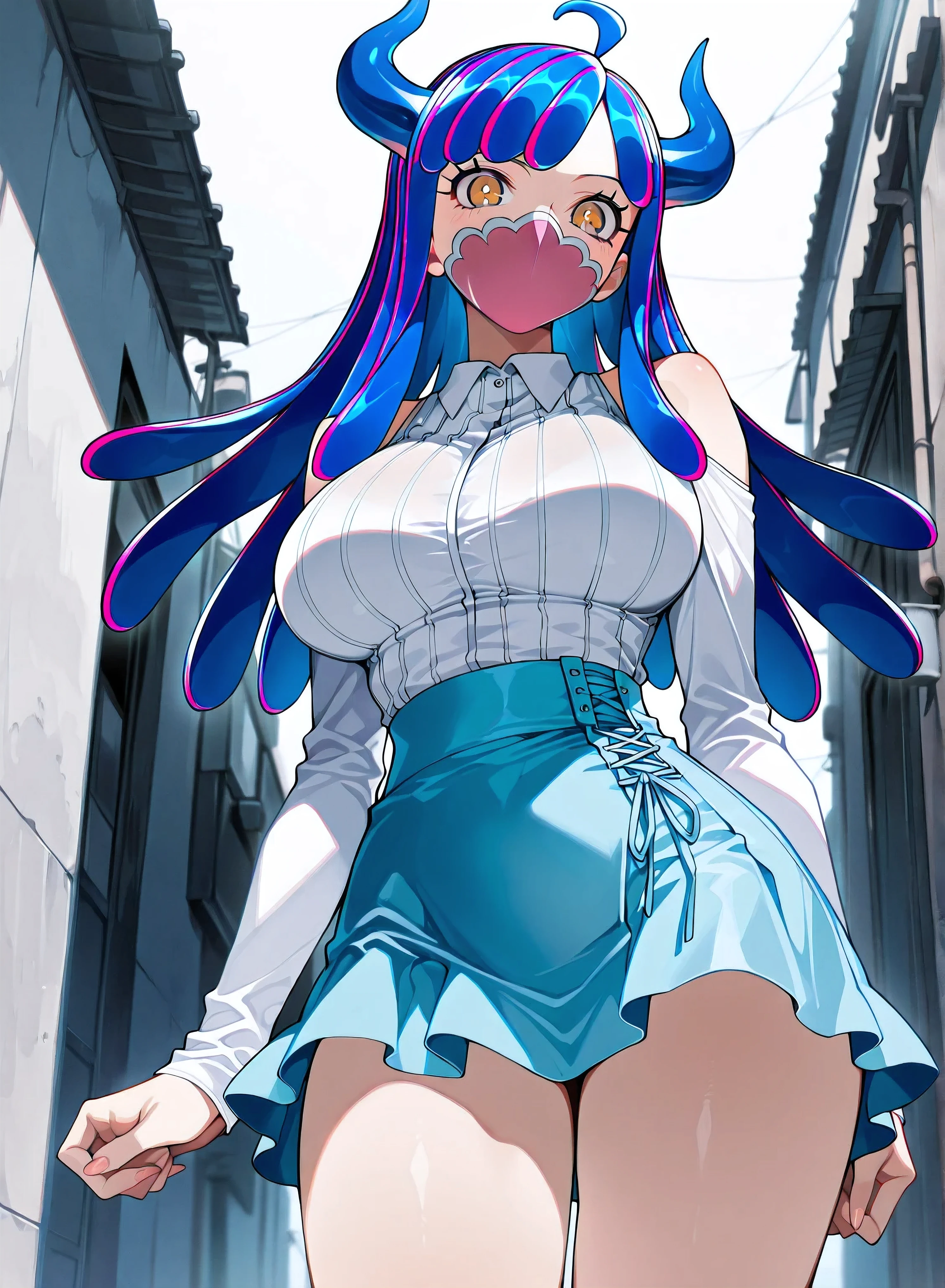 score_9, score_8_up, score_7_up, source_anime, masterpiece,best quality,amazing quality, (one:piece:ulti), ulti horns, very large breasts, long hair, multicolored hair, bangs, ahoge, mouth mask, white shirt, long bare shoulders sleeves, light blue mini skirt, high-waist skirt, thighs, blushing, extreme slim waist,