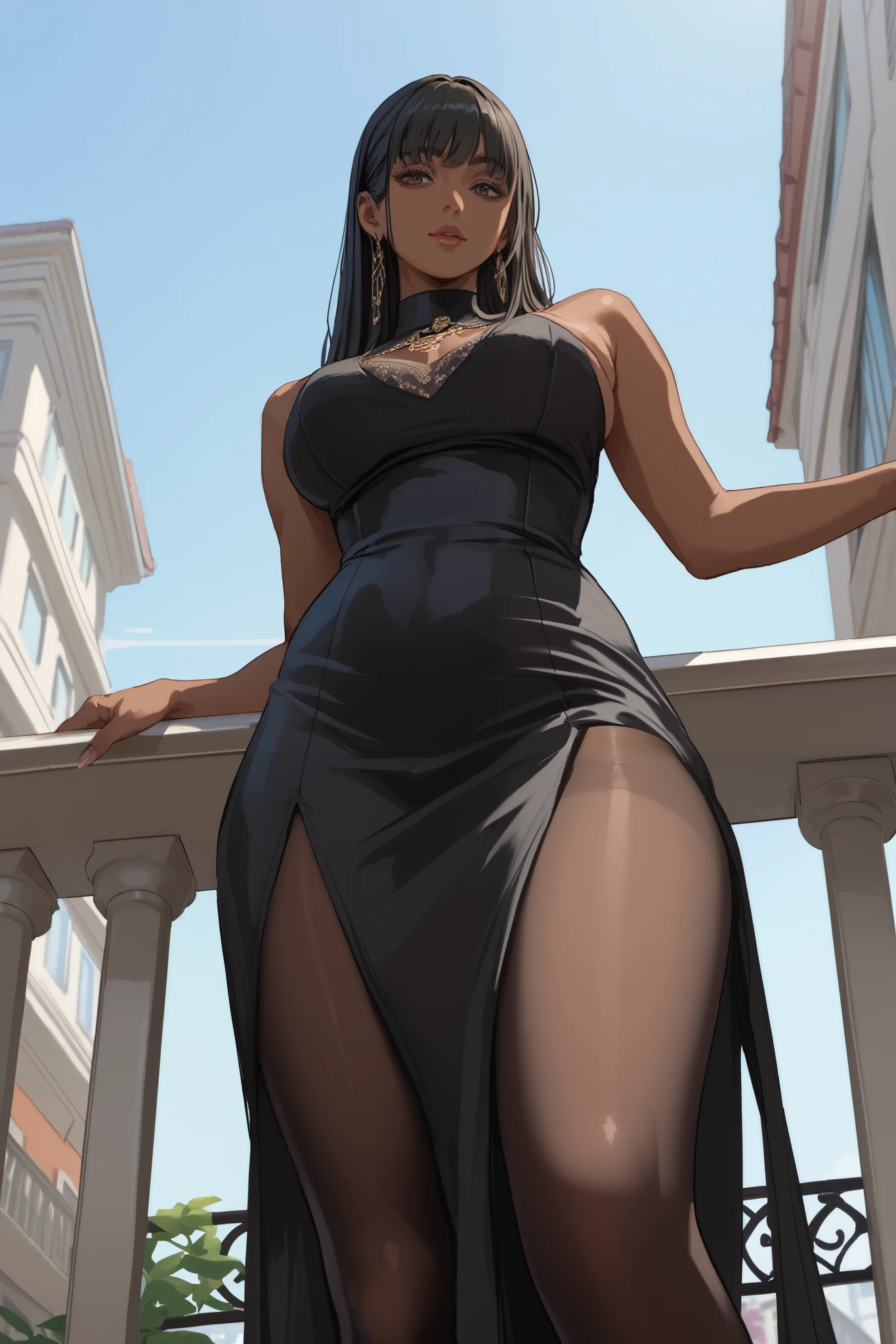 1 girl, black long hair, bangs, dark skin, saggy voluptuous, black highcut dress, balcony, looking from below, pantyhose
