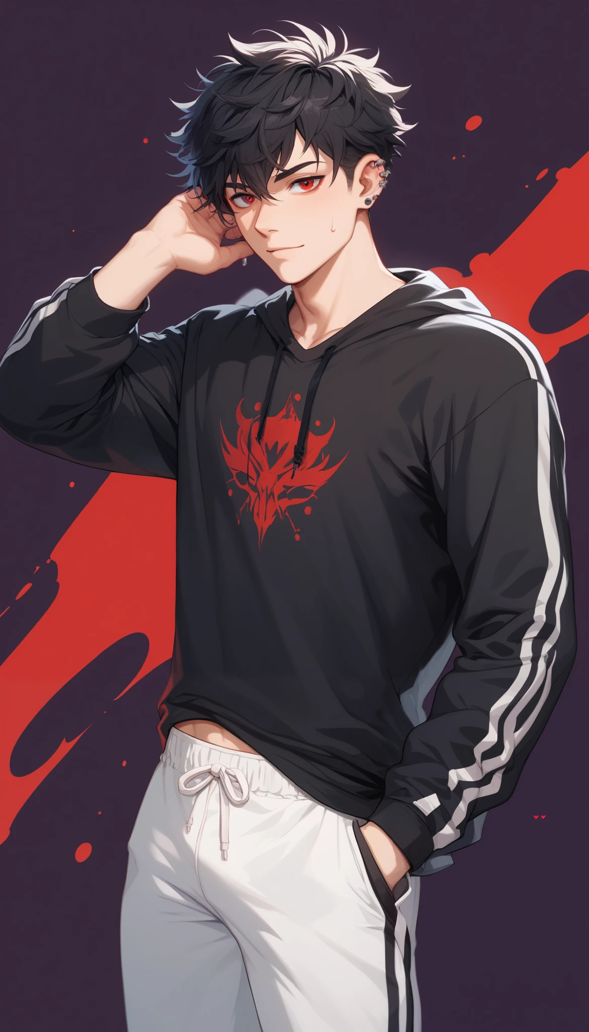   A Man (22 year old appearance) with messy medium-length black hair, disheveled fringe on the face above the eyes , fair skin and pinkish-red eyes,   wearing black clothes  ,   a black shirt  , white sweatpants and black sneakers, has red piercings with ruby in one ear.  He has a penetrating look ,   hunter's eyes  . He has his hand in his pockets. flat dark purple background. (centralized character) ( messy and smooth hair )