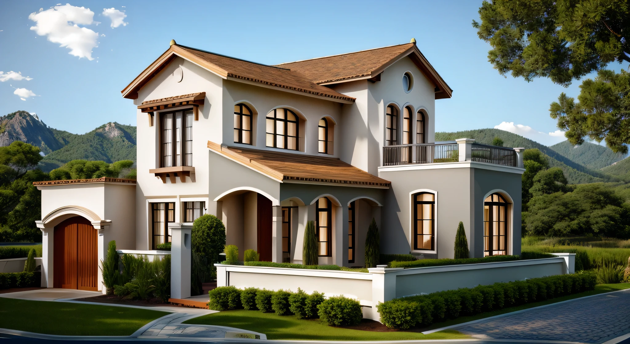 Traditional style, house building, interior furniture, exterior house, contemporary style, ( wood bars ) wall, granite floor, thatched roof, glass window, (realistic:1.2), Masterpiece, high quality, best quality, finish color paint , garden trees, terrace space , background mountain rock, (lighting interior:1.2), (day light blue sky : 1,2), UHD 8K resolution, cinematic lighting, Residential Architecture, Villa, Apartments, Ultra-detailed , real architecture photo a espectacular modern house, Reflection .