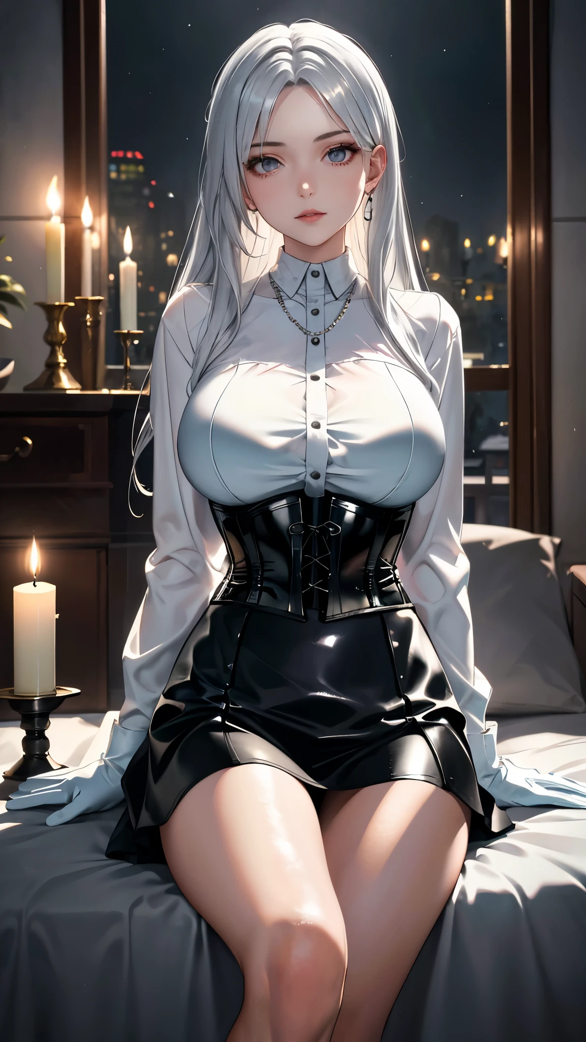 Masterpiece, Best Quality, (perfect anatomy,realist:1.3, lying on the ground, (1 girl in:1), 1 woman, (big breasts:1.2), Closed eyes. sexy body, thin waist, Attractive front curves, round and soft chest, (by rubio:1.6, long hair), evening, choker 1:6, (White long sleeve collar shirt:1.4), (corset black leather), black gloves covering hands, (shiny black tight mini skirt), blood stains on the floor, snowy dark forest, snow, night sky, Atmosphere, perfect hands