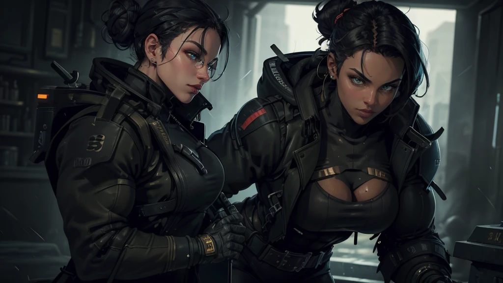 (masterpiece), best quality, ((1 girls))  (cleavage), ultra-realistic, 8k, stunningly beautiful, intricate details, realistic, high saturation, 
(Widowmaker_(\overwatch\), black ponytail hair, ((red skin:1.4)), yellow eyes, (black bodysuit:1.1), visor, corneo_widowmaker:0.7,) 
(Mercy_(\overwatch\) 