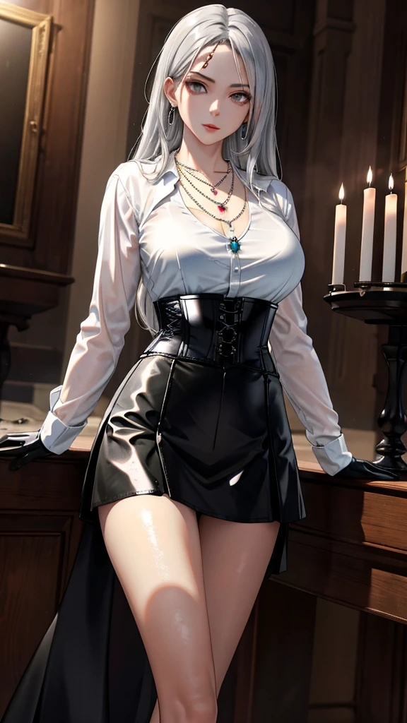 A masterpiece of beautiful art, Professional artist 8k, Highly detailed face, Tailored clothing, Detailed fabric 1 girl, eula Genshin Impact view from the front, The perfect ass, Standing big breasts, Perfectly drawn body, Pale skin, Serious expression, Beautiful Face, Sky blue hair eyes 4k, Highly detailed eyes, Pink cheeks, necklace : 1.6, White long-sleeved button-down shirt with a white collar Black gloves that cover up to the elbows He holds an ax in his right hand, Black leather corset), Shiny black leggings, black leather boots, Sensory lips, Details appear in the dark forest eyes at night, Foggy atmosphere, legs apart, Chest apartment,Multi-faceted perspective, Short skirt, See-through clothes