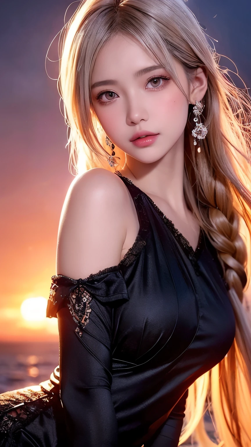 Laying on bed, bright expression、Young shiny shiny white shiny skin、Best Looklonde reflected light、Platinum blonde hair with dazzling highlights、shiny light hair,、Super long silky straight hair、Beautiful bangs that shine、Glowing crystal clear attractive big blue eyes、Very beautiful nice cute 16 year old girl、Lush bust,Beautiful detailed eyes, beautiful detailed nose,(( Full body:1.5)),Makeup that the eyes emphasize、,(Women like Joan of Arc)、Royal style,Comic style, , Sub-surface scattering, ornate detail, nature backdrop, Hyper-realistic, ((Cinematic)), Dramatic Lighting, masutepiece、((Off-the-shoulder balck shirt dress:1.4))、((Fight on the battlefield))、(Loose and fluffy perm:1.4)、1 girl in、((blonde Hair:1.3))、Ultra realistic 8K CG, Picture-perfect face, flawless, clean, masutepiece, Professional artwork, famousartwork, Perfect face, Beautiful face, Beautiful eyes, ((Perfect female body)), Solo,(Immersive atmosphere, Chiaroscuro:1.5,Bright light:1.2,Luminous lighting),(blush:0.5),fascinated expression,Extremely detailed_Eyes,thick thighs,Large breasts,beautifullydetailedbackground,depth of fields,Realistic:1.3, longshot,Sitting, Full body, (ambient lights:1.3),(Cinematic composition:1.3),(Neon light:0.1),(nffsw:0.1),Accent Lighting, pantyhose,