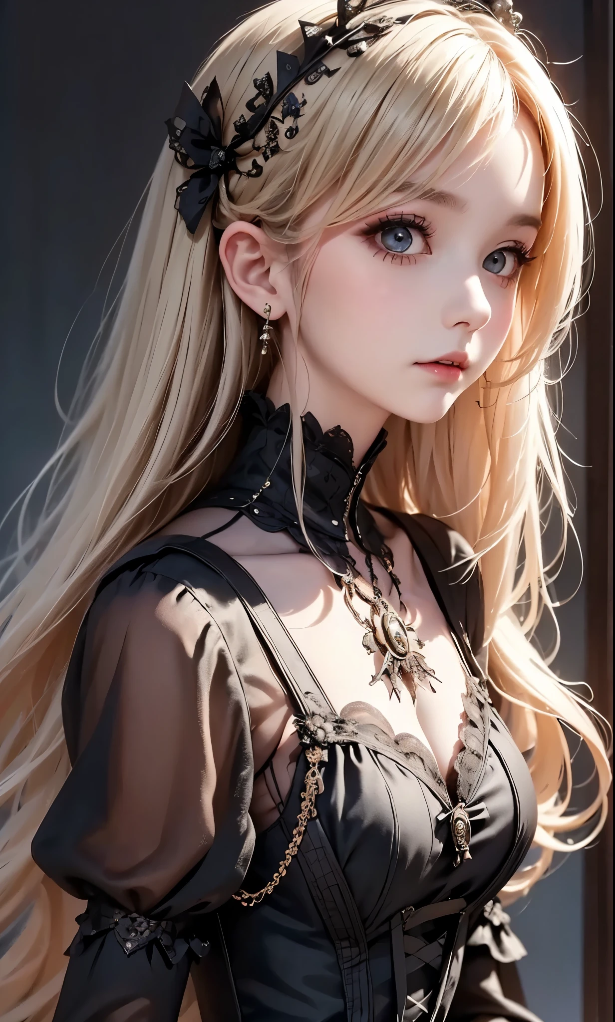 woman wearing dress and boots , baroque dress, wearing a detailed steampunk dress, elegant gothic princess, victorian gothic ta fashion, historical baroque dress dark, black gothic loliress, fantasy style clothing, rococo dress, black rococo, fantasy costume, wearing a gothic dress, romantic dress, gothic dress,blonde, tilt her head,(((upper body portrait))), ((from side))