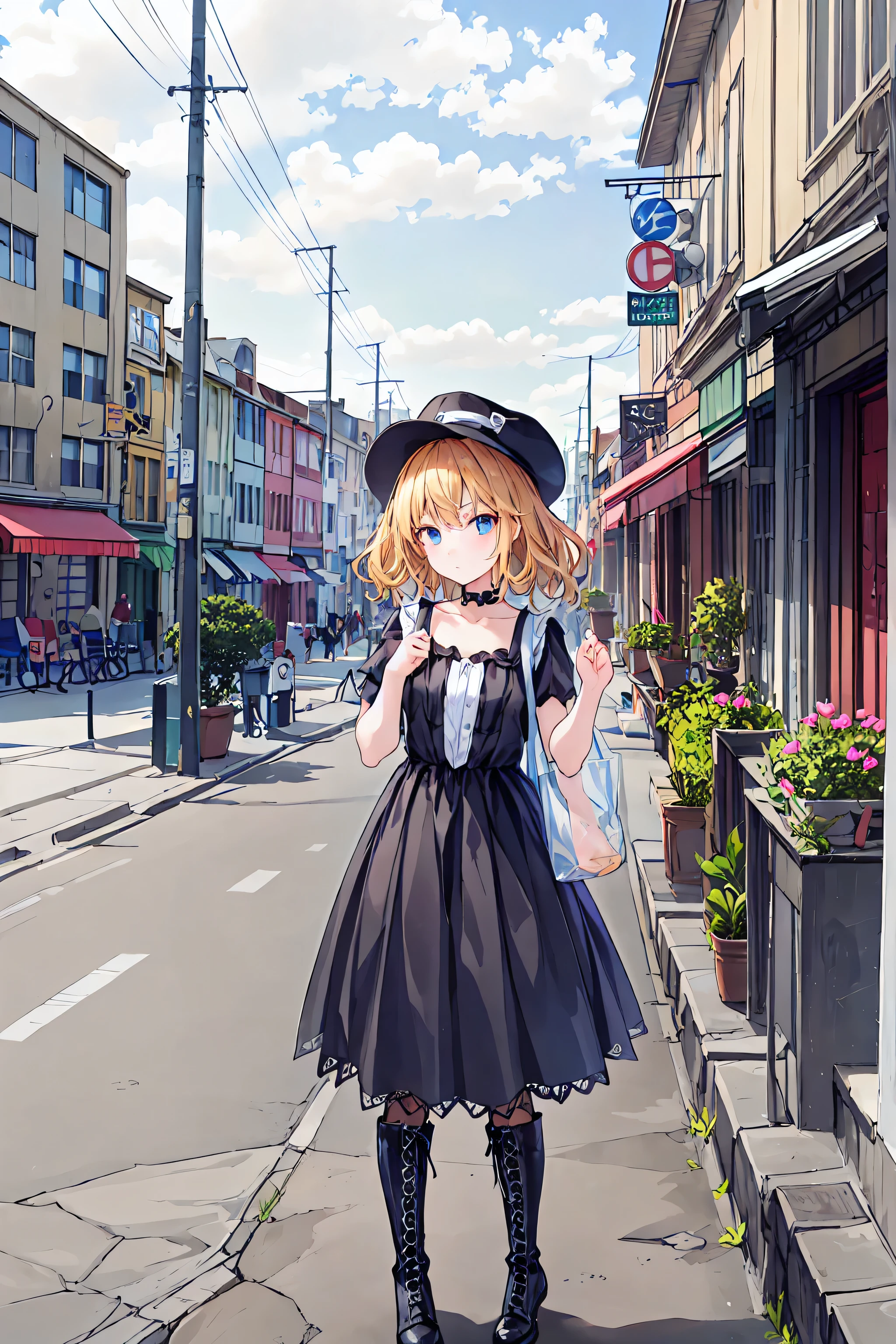best quality,super detailed on ko,((background:Outside Street 1 ,8)),( walks through the city),(({{one boy)),(()),((trap)),((bulge)),Black Choker,((short blond hair)),(( man's face )),((I have a )),(()),(( flatter )),((Weak chest)),((flat chest)),(( Gothic ta Fashion)),(Black gothic tops ),( Gothic Skirt ,(lace up long boots),(( carry bag)),Brilliant Color,soft writing,