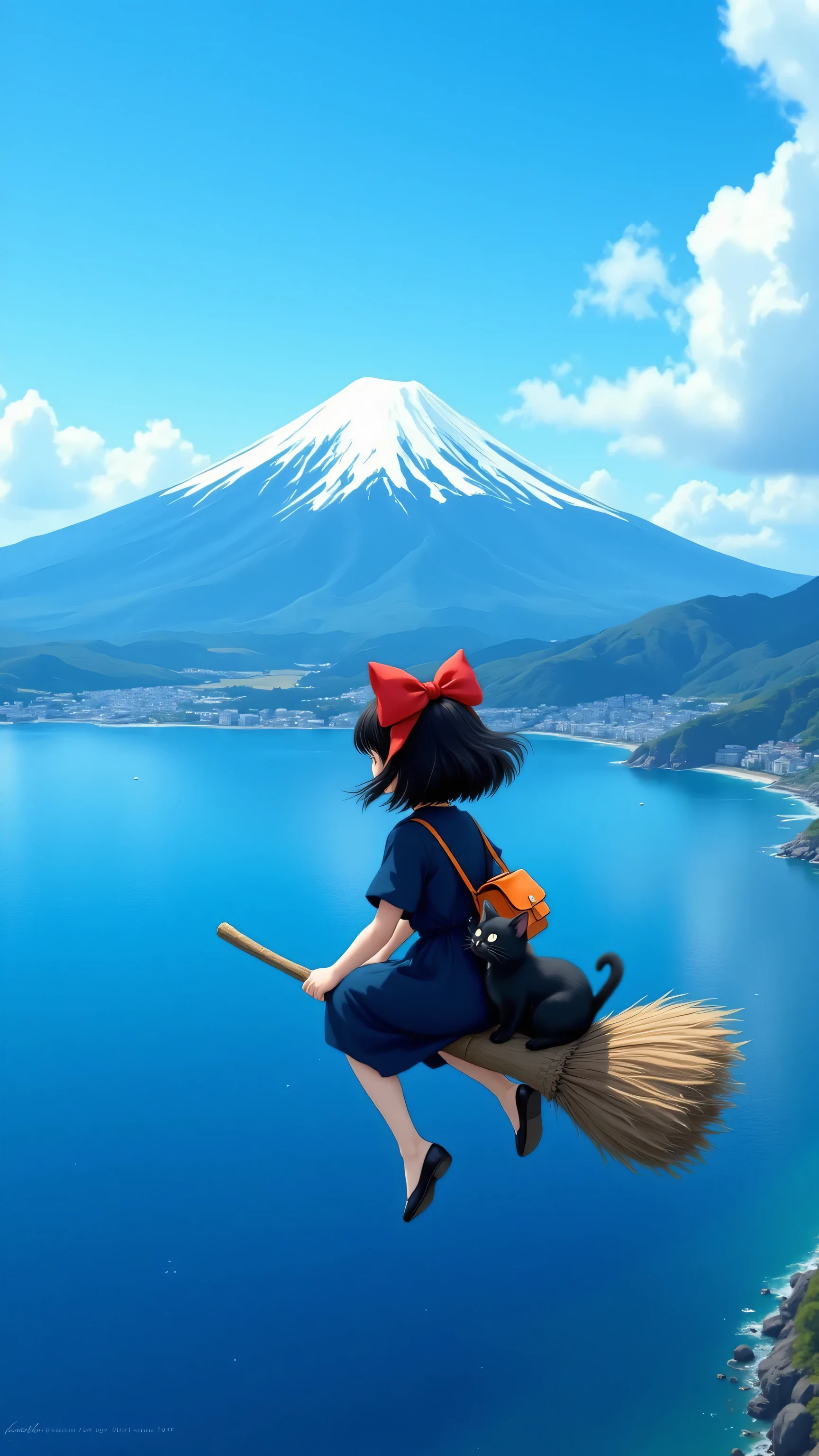 dutch angle， the whole lens is tilted， The foreground is a girl flying on a broom on the sea， shoulder-length black hair flutters in the wind， Wearing a big red bow on her head， wearing a dark blue dress， Carrying a cute orange shoulder bag，On the broom sits a black cat。
 The middle ground is a tranquil blue sea below， The sea reflects the sky and the surrounding scenery。There is a town next to the sea，The view is Mount Fuji，rolling mountains and the vast sky， clear layers of mountains，The top of the mountain is covered with snow， The mountainside and the foot of the mountain are sparsely covered with vegetation and large areas of bare rocks， blue sky ， floating white clouds， distant view uses the principle of perspective， The mountain and sky elements become smaller as the distance increases、Lightened，Contrast with the foreground、 mid-ground， highlight the sense of spatial hierarchy。
Composition， a diagonal composition is used ， the coastline is in one-third of the picture， the direction of the girl's flight is the sea、 The coastline of the hillside forms a diagonal line， The picture is divided by 30 degrees by the straight coastline， the sea is at the bottom of the picture， the upper part is the coast and the sky， deep sense of spatial hierarchy， bright and vivid visual effects，High Saturation，high contrast，ultra accurate。
