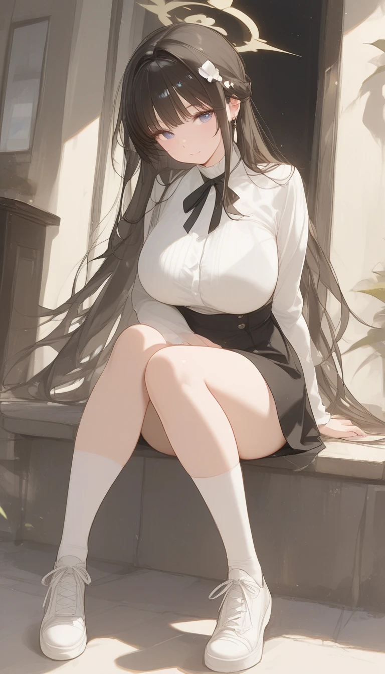 Italian girl, 25 years old, very long loose brown hair, super giant breasts wearing an unbuttoned white shirt, wearing a black pleated mini skirt, a black lace bra, hair covering the breasts, bare feet, school classroom